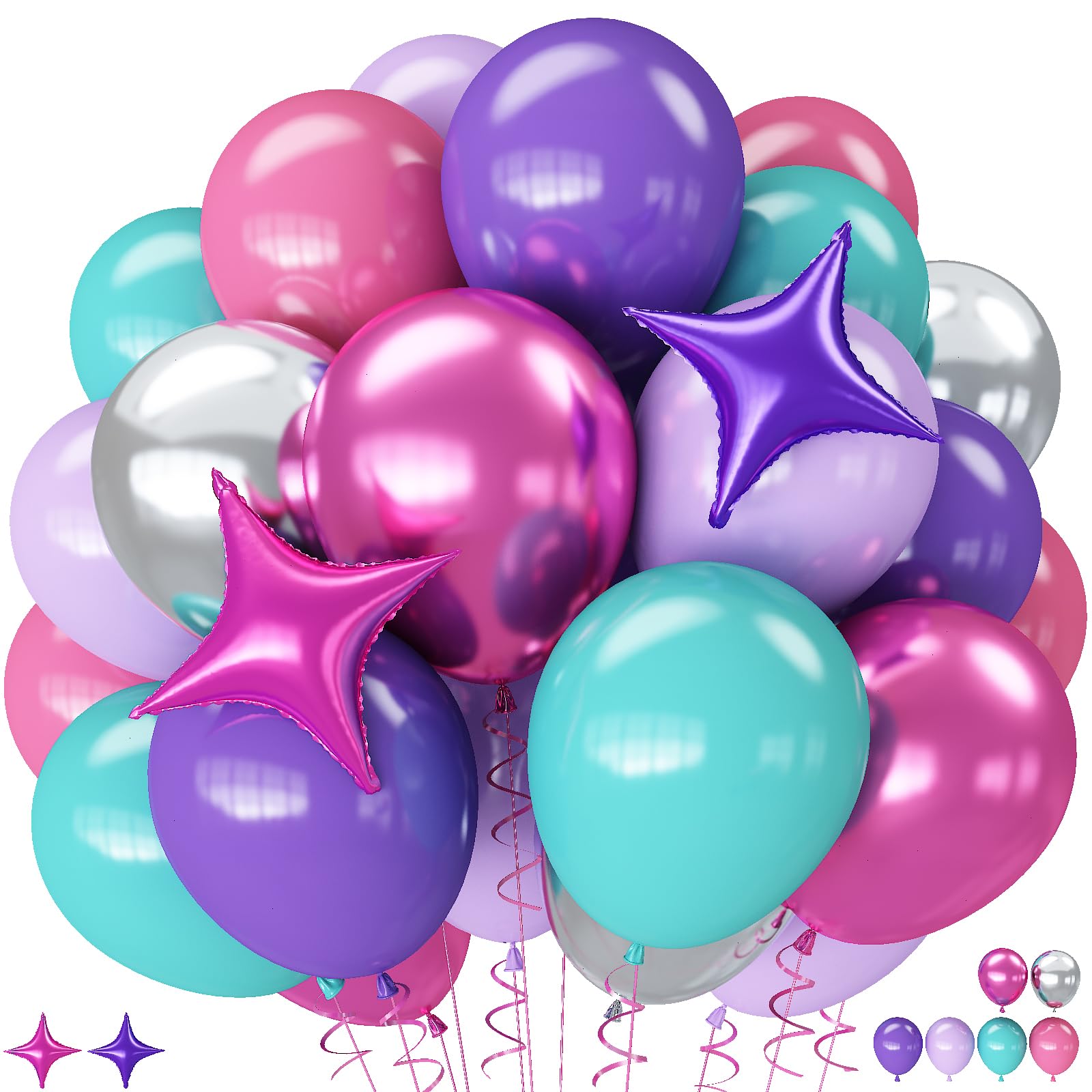 Pink Purple Blue Balloons, 62 Pcs 12 Inch Hot Pink Purple Teal Latex Balloons Violet Turquoise Silver Helium Balloon with Star Foil Balloon for Kids Magic Theme Mermaid Cartoon Birthdays Baby Shower