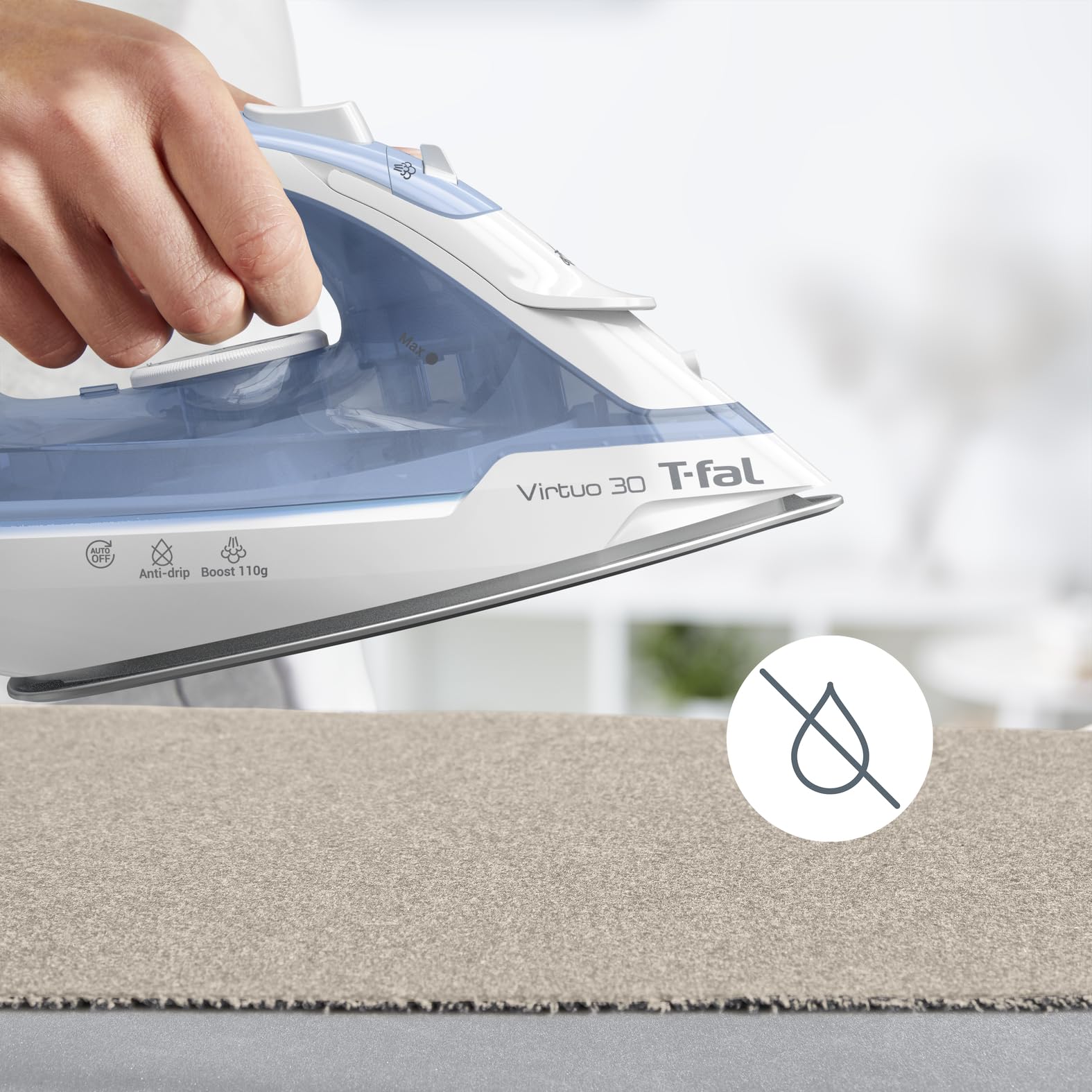 T-fal Plancha de Vapor | Virtuo 30 con Auto Apagado, Suela de Cerámica XL, Blanca/Azul FV2C61U0