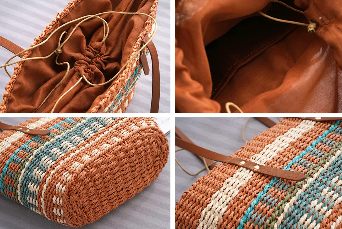 Pocadri Bolso Hobo tejido de paja para mujer, bolso de mano con asa de cuero, gran capacidad, cesta de repollo tejida a mano