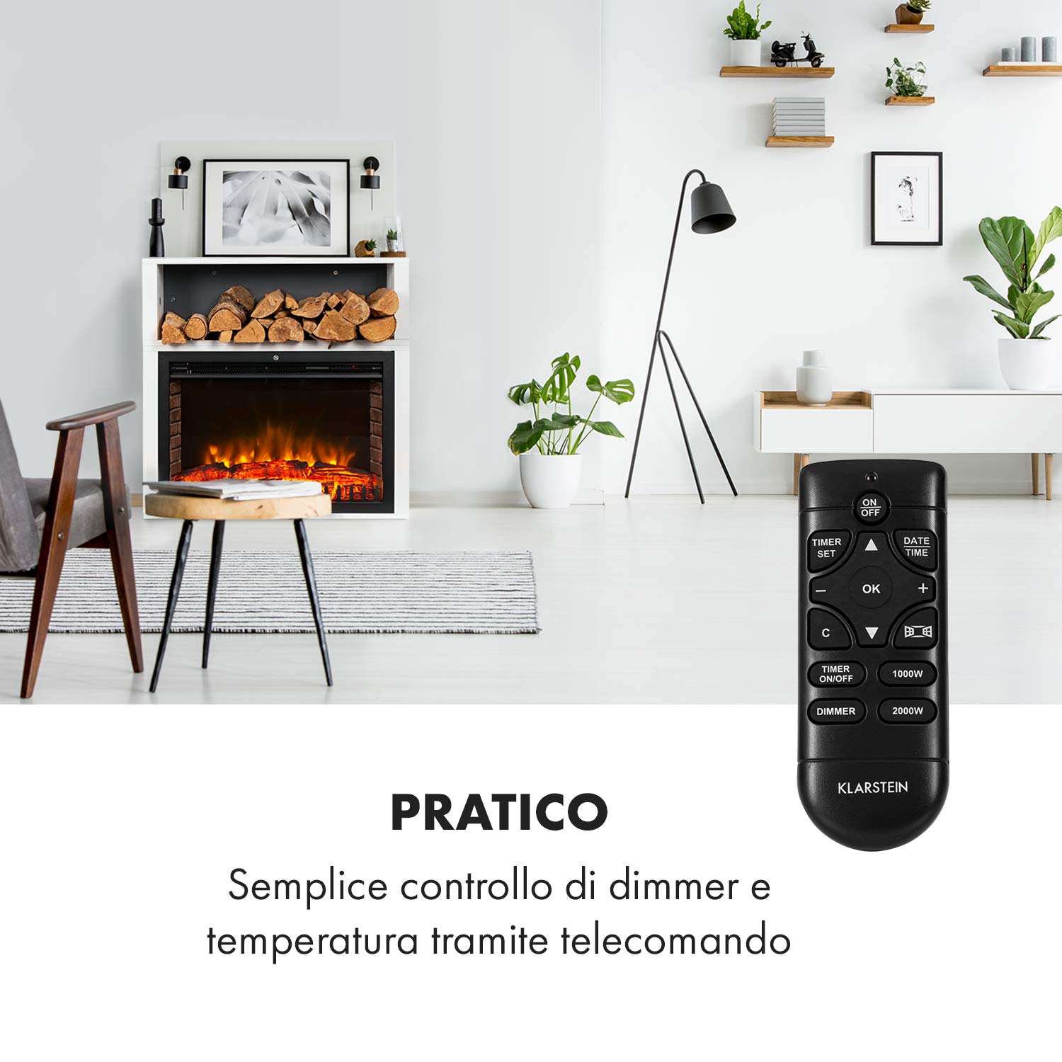 Klarstein Mauna Loa - Camino elettrico, riscaldamento a convezione, 1000/2000 W, fino a 40 m², termostato: 15-30 °C, illusione di fiamme, LED regolabile, telecomando, timer settimanale, bianco
