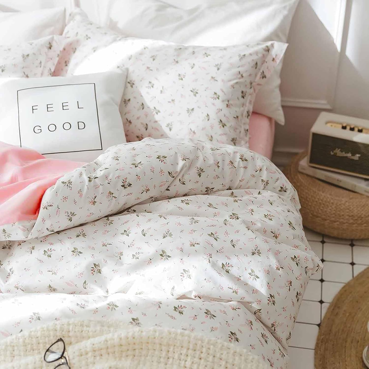 Pink and White Duvet Cover Full Size - 3 Pcs Floral Flower Leaf Pattern Printed Reversible Microfiber Comforter Cover Bedding Set - 80X90 Soft Aesthetic Cottage Preppy Bedroom Decor for Women Girls-image-21