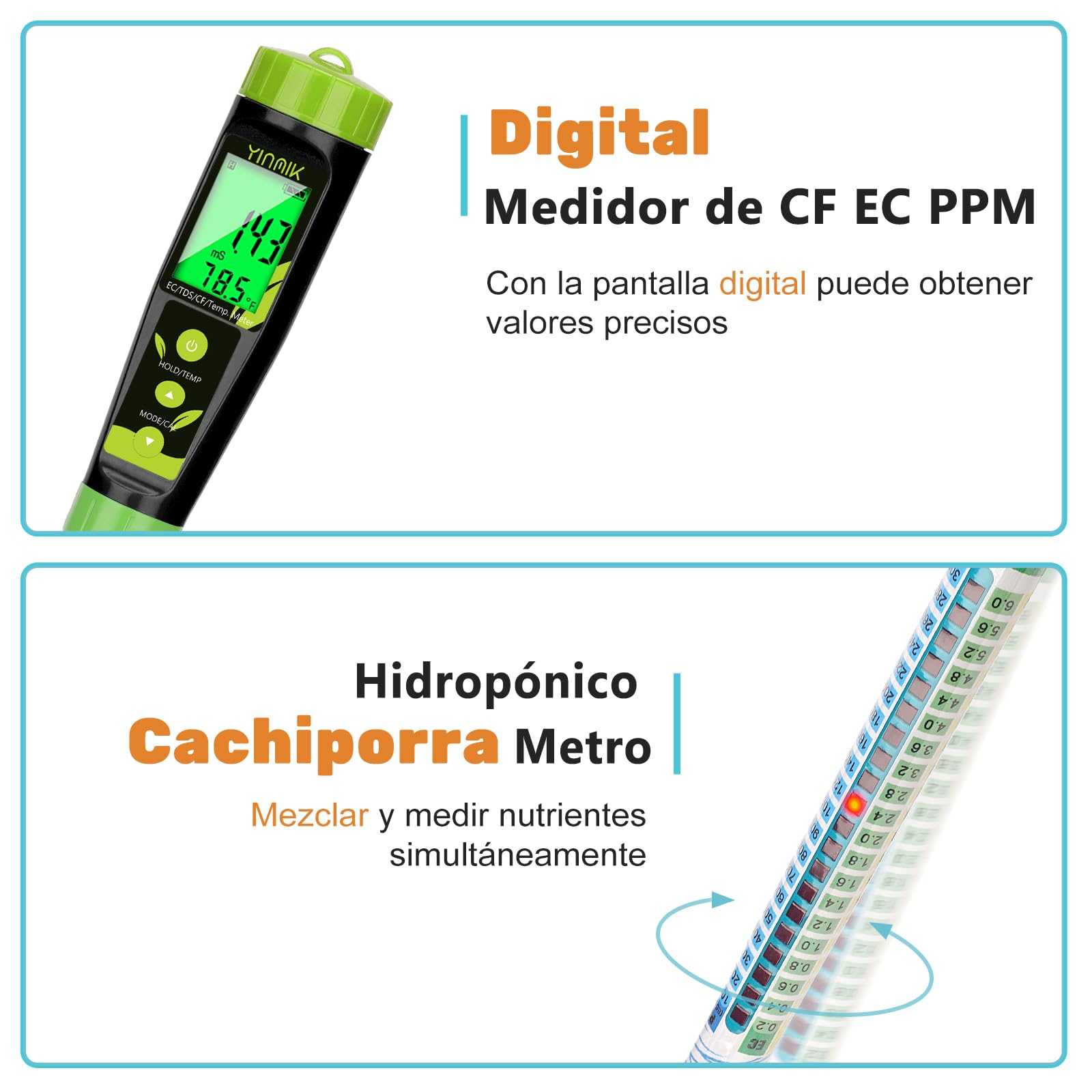 YINMIK Probador de EC TDS, Medidor de Conductividad Hidropónica Digital, Medidor de TDS para Agua de Pozo Jardín y Estanque Koi, Medidor de PPM 5 en 1 (EC, PPM 500, PPM 700, CF, Temp)