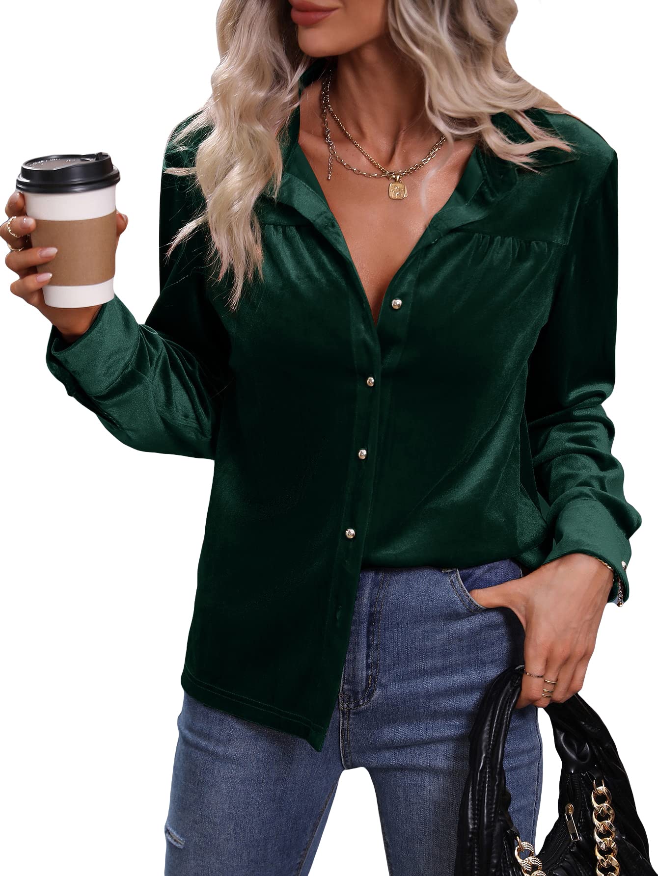 MakeMeChicWomen's Velvet Button Down Blouse Long Sleeve Button Up Shirt