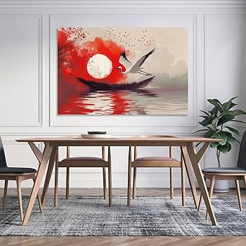 Amazon.co.jp: 絵画 赤い太陽とタンチョウ鶴 アートパネル ポスター 超