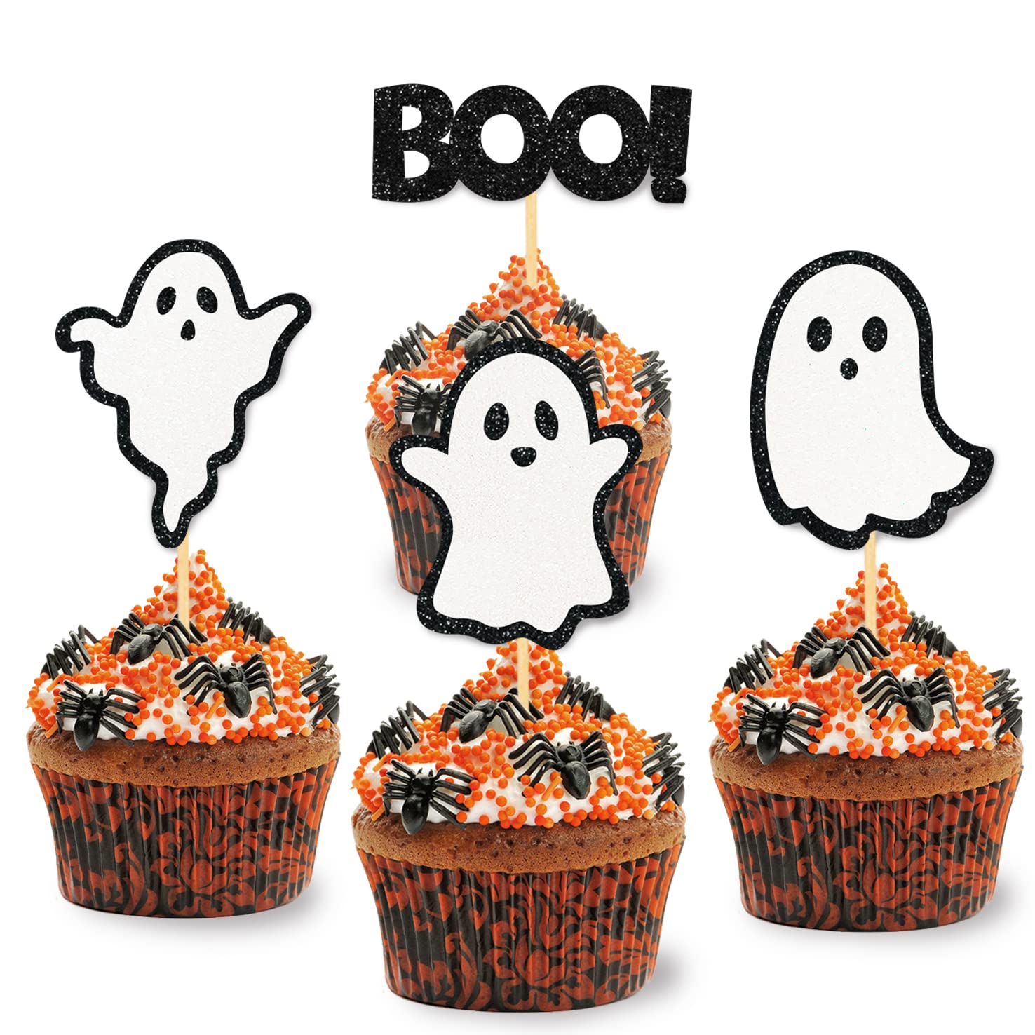24 Pack Glitter Halloween Ghost Cupcake Toppers - Baby Shower Decor Gender Reveal Decorations (Black)