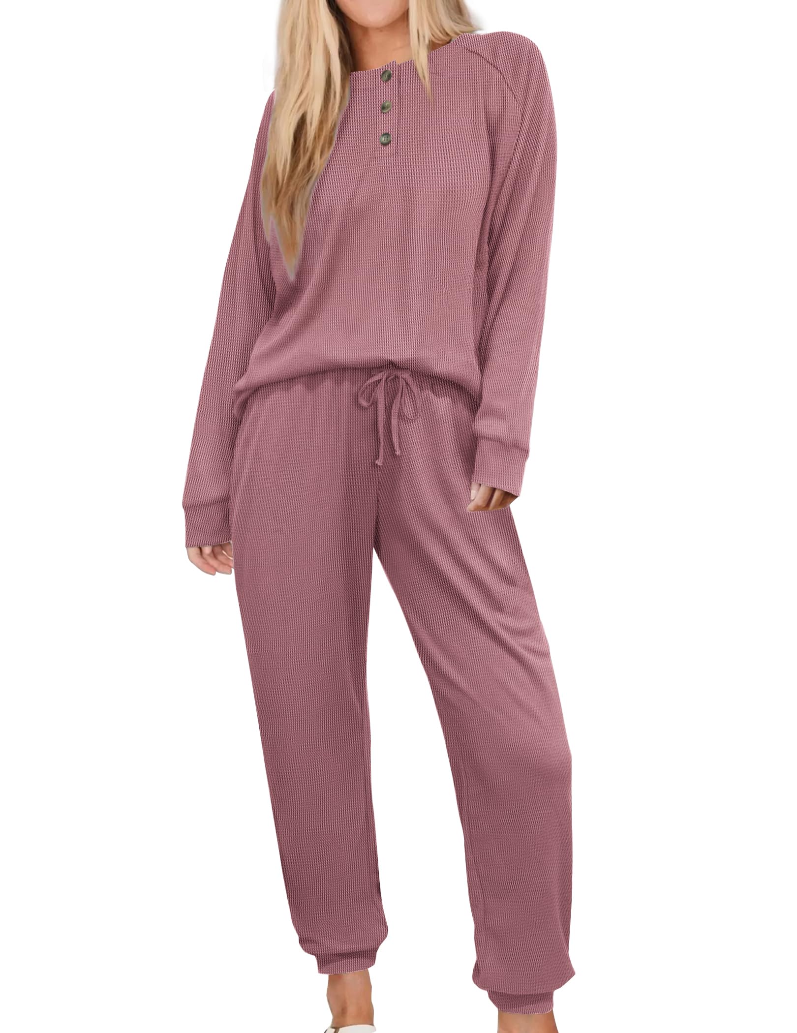 Andeip Womens Pajama Set Waffle Knit Lounge Set 2 Piece Long Sleeve Top and Pants Loungewear Pj Sets