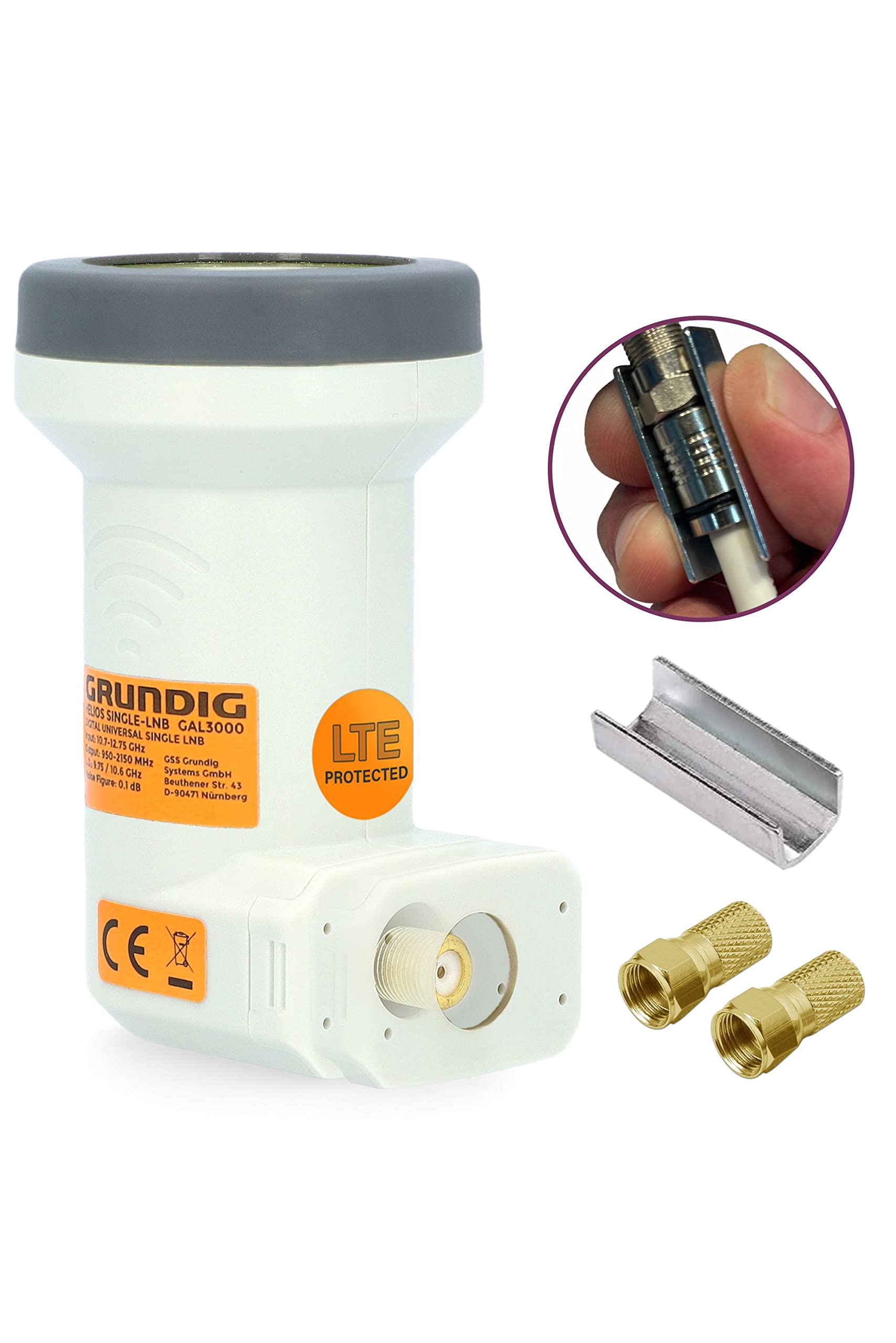 [ Test très bien, note 1.2 *] GSS Helios Single LNB + 2 fiches F, avec blindage LTE et protection solaire, 1 compartiment HD, 4 K LMB pour 1 participant, (téléviseur, récepteur satellite) LNC pour