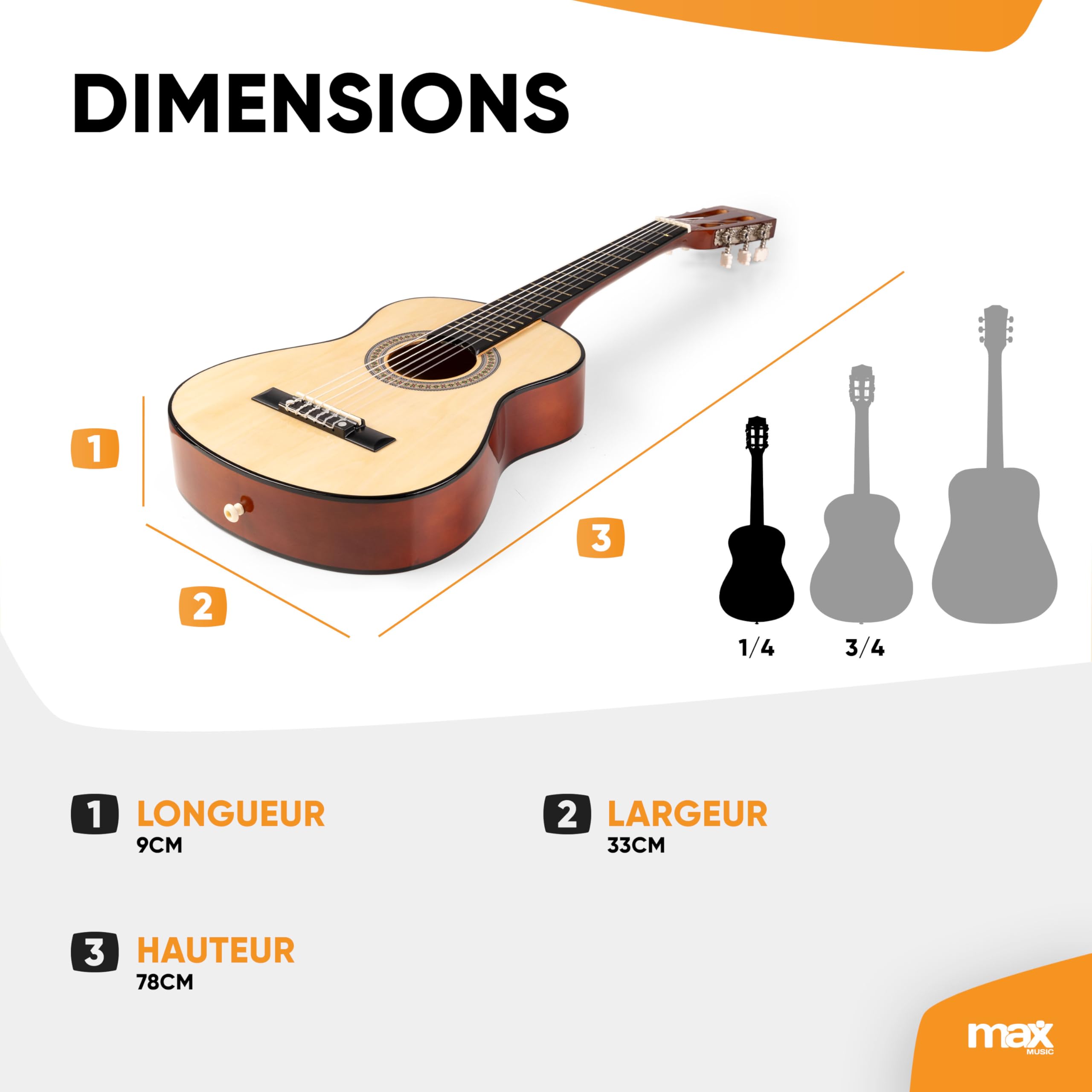 Max SoloArt Pack Guitare Classique Junior 1/4 - Bois Naturel Clair, Cordes en Nylon, 4 à 6 ans, Sac de Transport, Médiators, Sangle, un Cadeau pour Enfants Idéal pour Débuter la Guitare