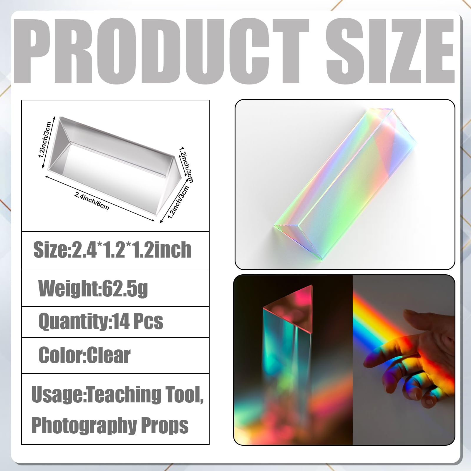 TANEMUDO 14 Pcs Clear Triangular Prism Optical with Cleaning Cloth Glass Triangular Prism for Photography Effects, Physics Teaching, Light Spectrum, and Optics Prism (2.4 Inch)