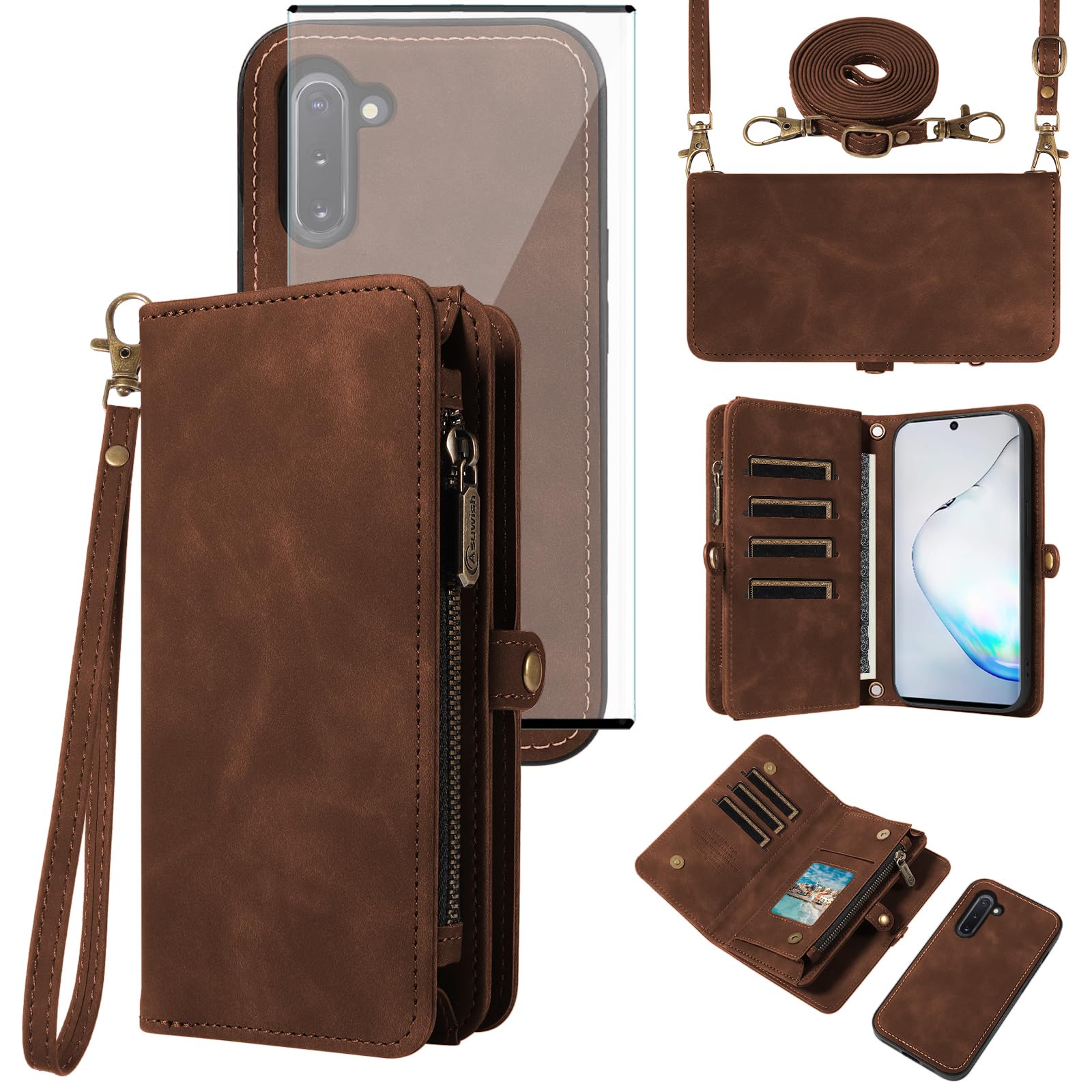 Coque Samsung Note 10 5G Asuwish avec portefeuille amovible et verre trempé - 8