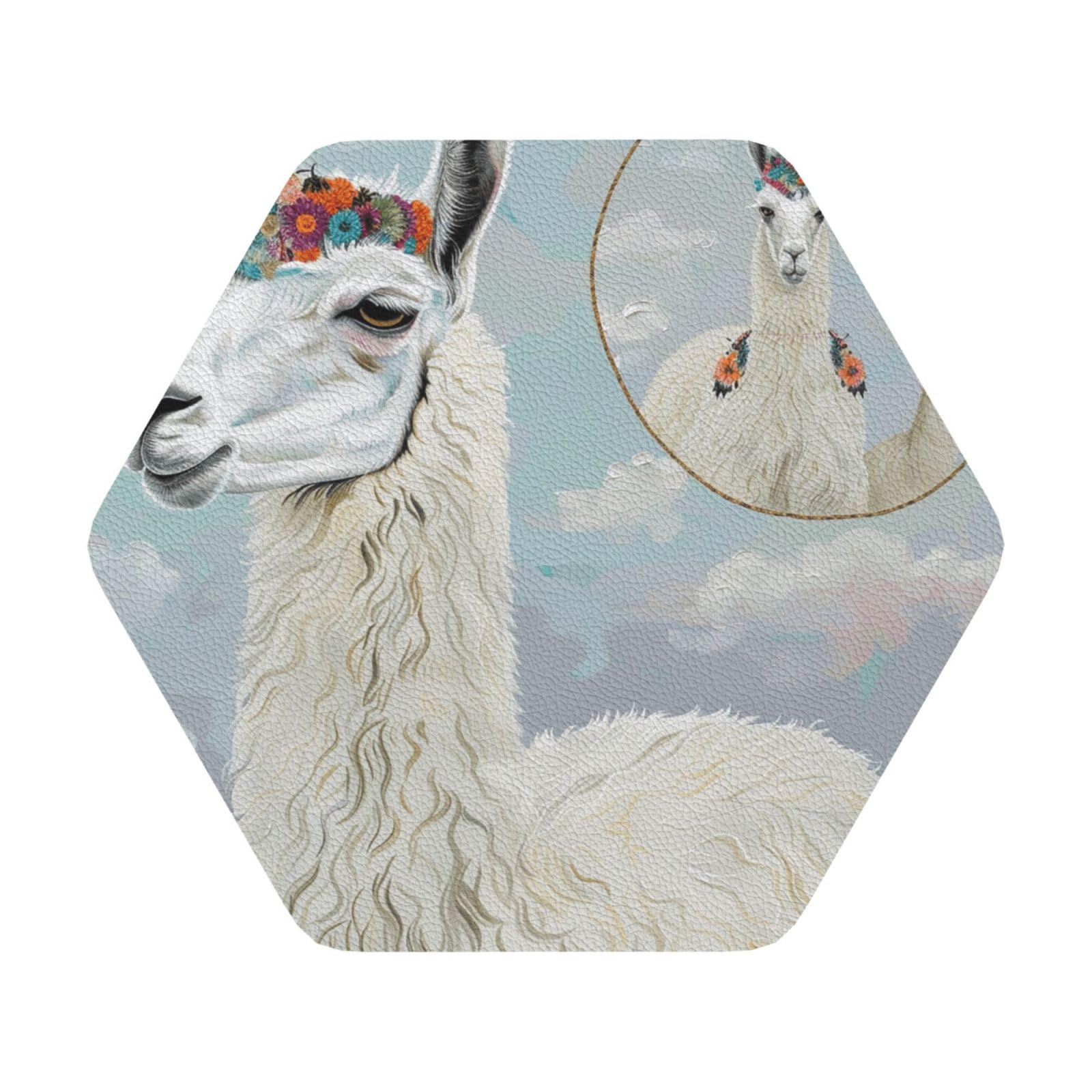Llama Print Leather Coaster Set of 6, Hexagon Coasters Table Decorative Coffee Cup Beverage Coasters Wine Beer Bar Coasters for Hot Drinks Table Protection