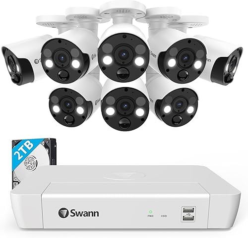 Swann Sistema de cámara de seguridad 4K UHD, NVR de 8 canales con 1 TB, 8 cámaras PoE Cat5e para interiores y exteriores, CCTV de vigilancia con