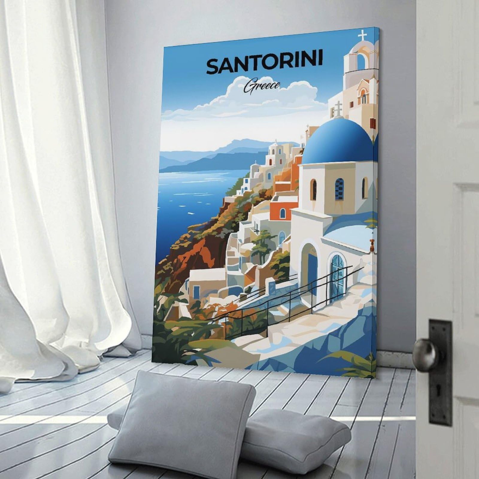 Junmoney Santorini Greece Travel Room Decor Wall Art, 20x30inch(50x75cm), for Living Room, Lounge Or Sitting Room, A Home Accent with Warm Character
