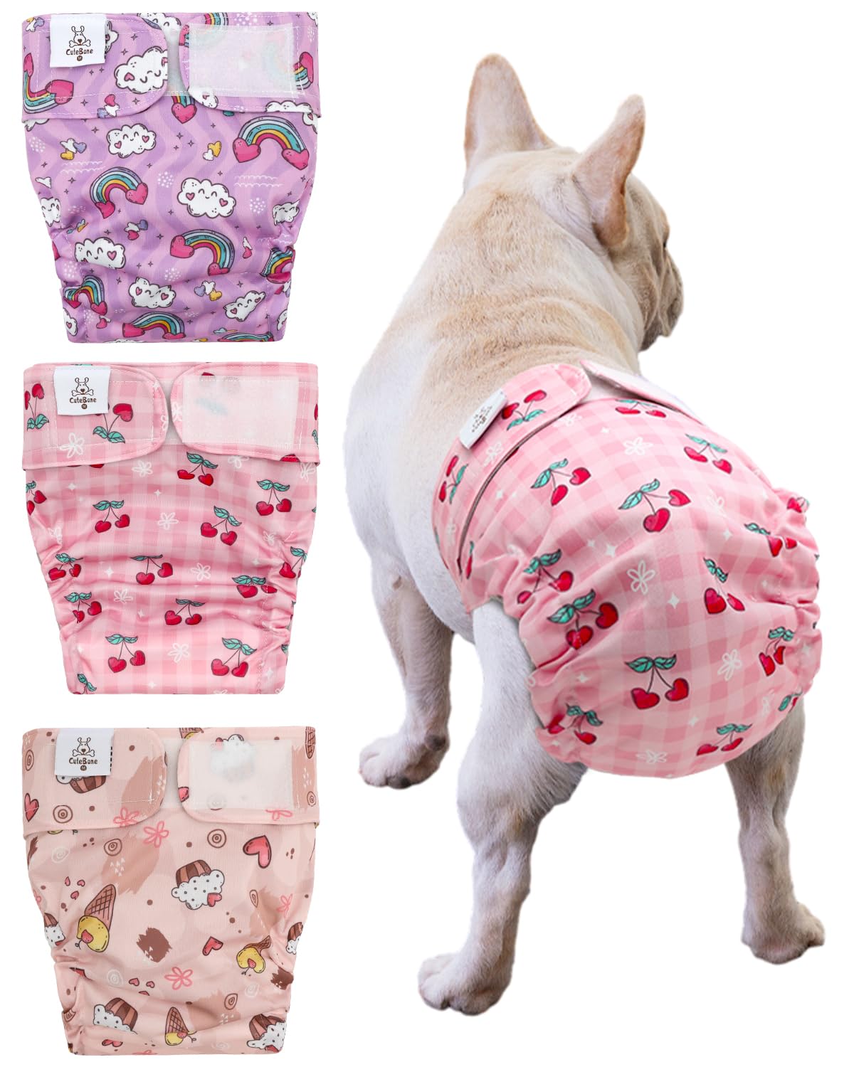 CuteBone Washable Dog Diapers Female No Tail Hole 3 Pack Reusable Doggie Period Training Pants for Docked-Tail Frenchie French Bulldog Boston Terrier Without Tail WWD29M — image 1