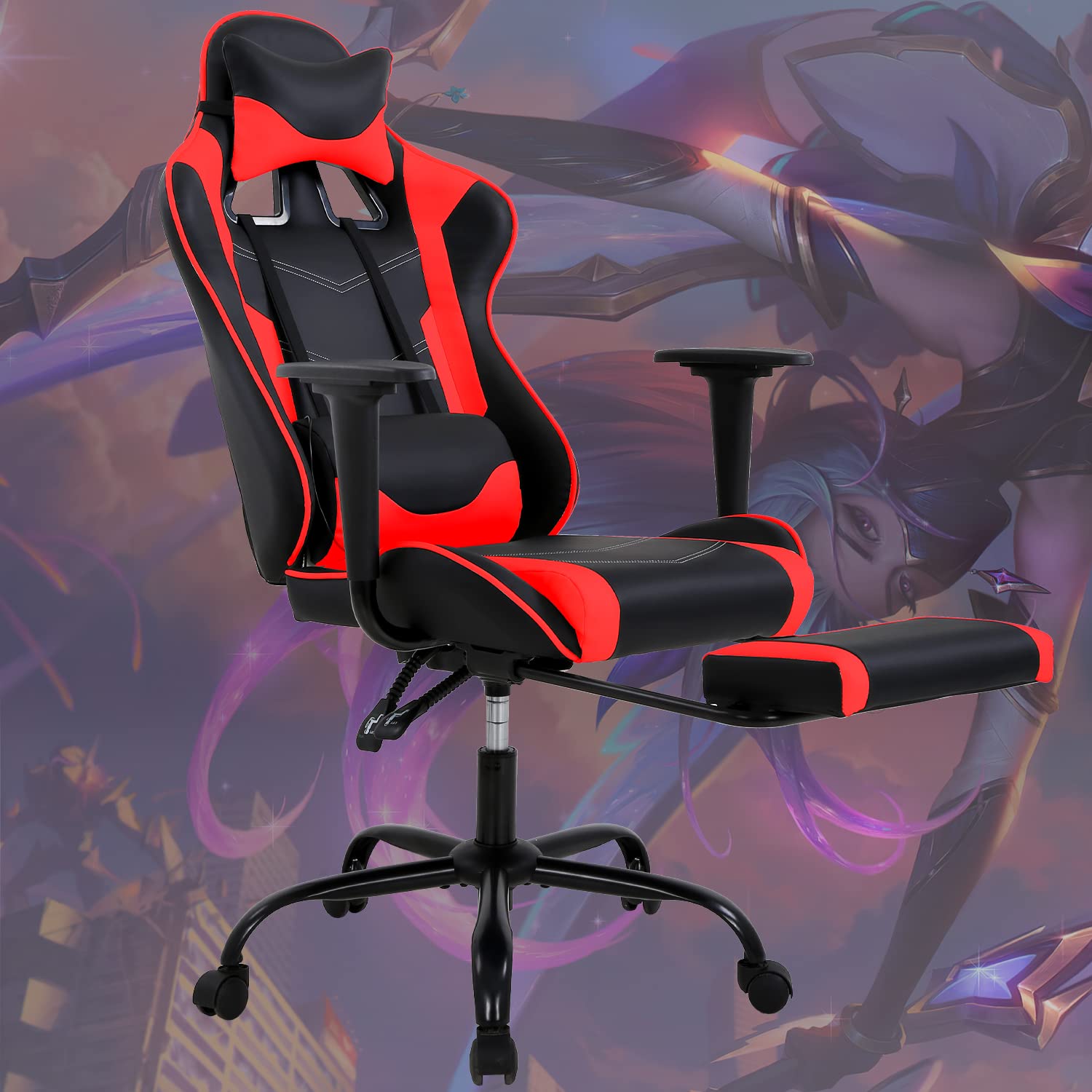 Gaming Chair Computer Chair Ergonomic Gaming Chair with Footrest Reclining High Back Video Game Chair with Lumbar Support Headrest Armrest Swivel Seat for Women, Men (Red)