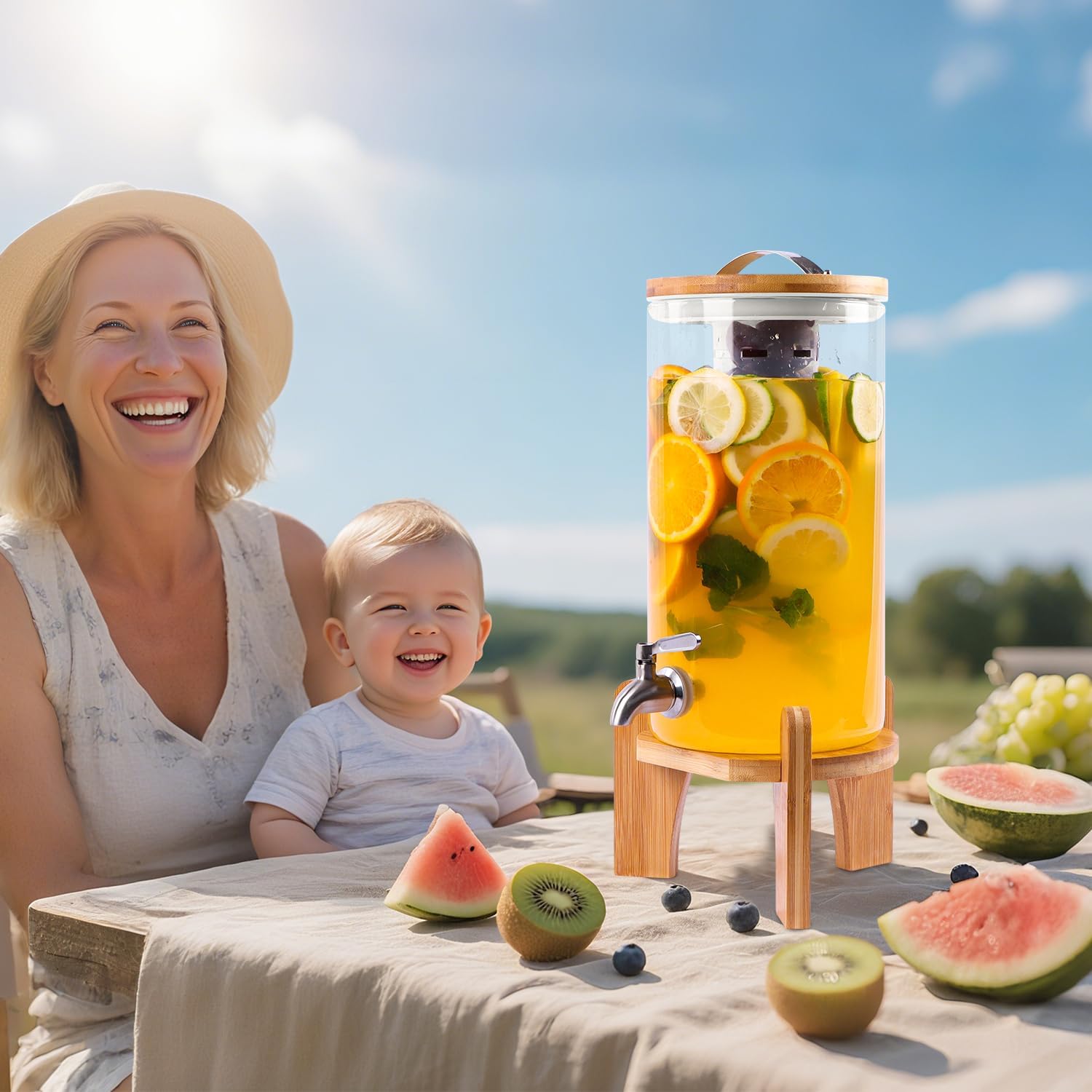 1.3 Gallon Drink Dispenser, Glass Beverage Dispenser with Wood Stand, Lemonade Dispenser with Airtight Valve and Stainless Steel Spigot Fruit Infuser, Thick Drink Dispenser for Parties Restaurants - Image 3