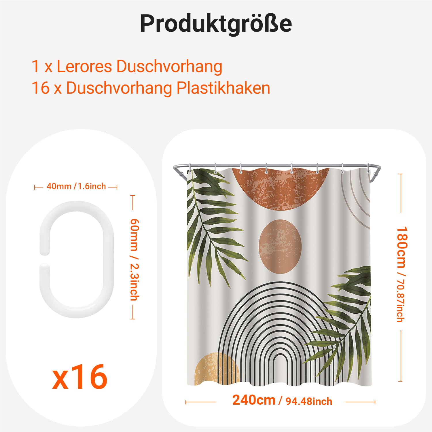 Lerores Shower Curtain, 240 x 180 cm, Leaf Line, Weighted Hem, Anti-Mould Textile, Water-Repellent - Image 2