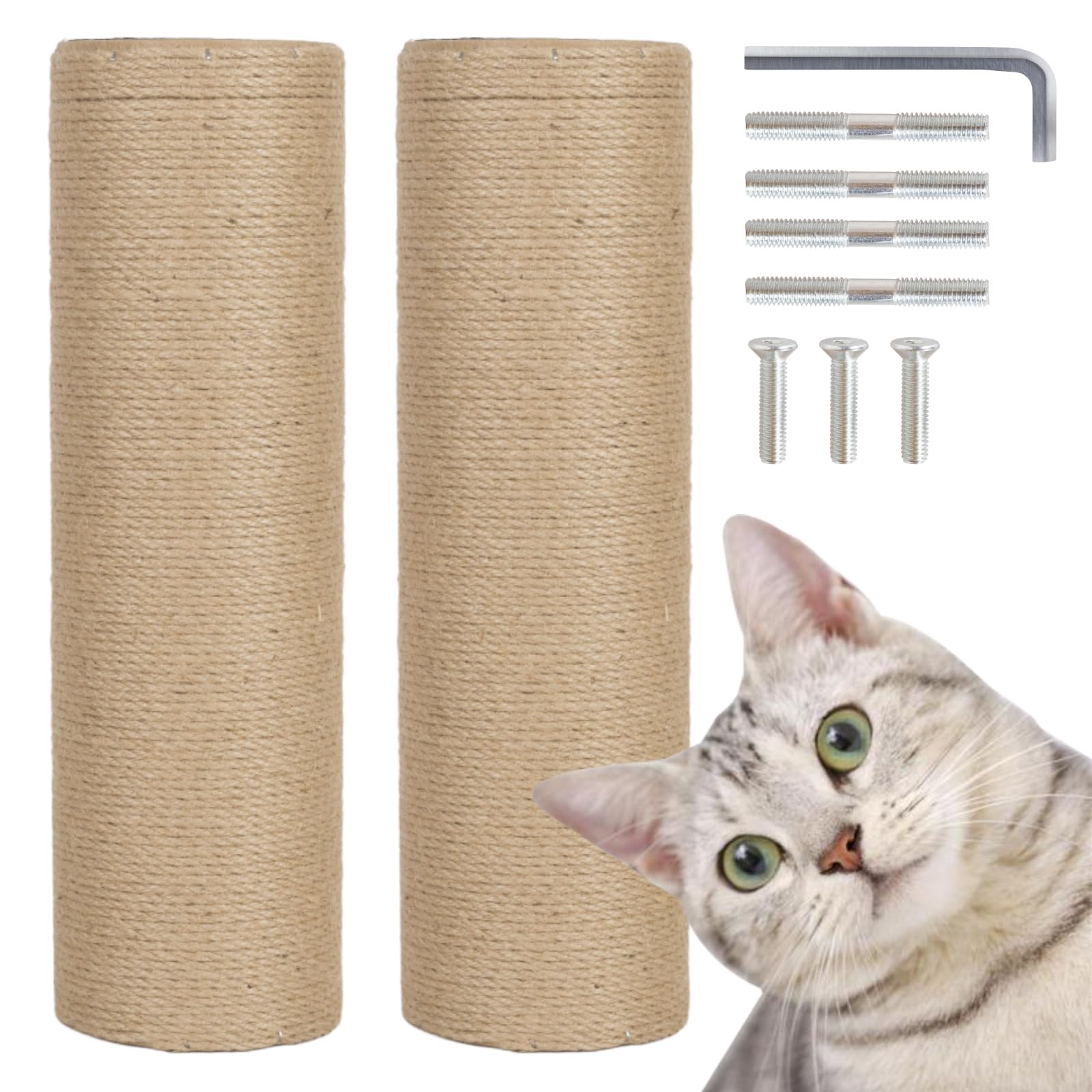 Pinkgarden Thick Natural Sisal Cat Replacement Scratching Post - 15.7" Length, 4.5" Thick, 2Pcs M8 Cat Scratch Post Refill Poles, Ideal for Refurbishment, Includes Screws (Nature)