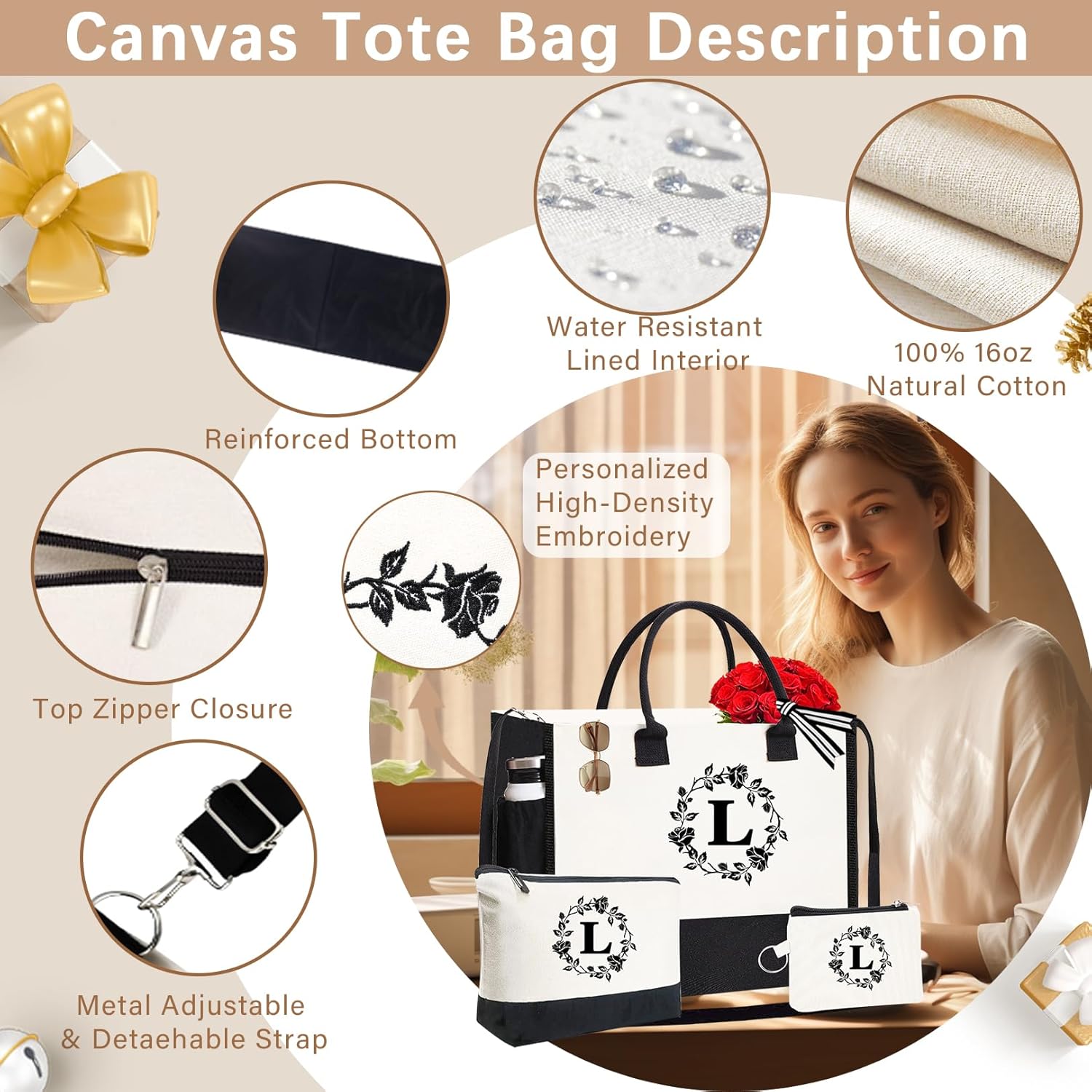 Monogram Personalized Initial Canvas Tote Bags, Double-sided Embroidery Tote Beach Bags Gifts - Image 4