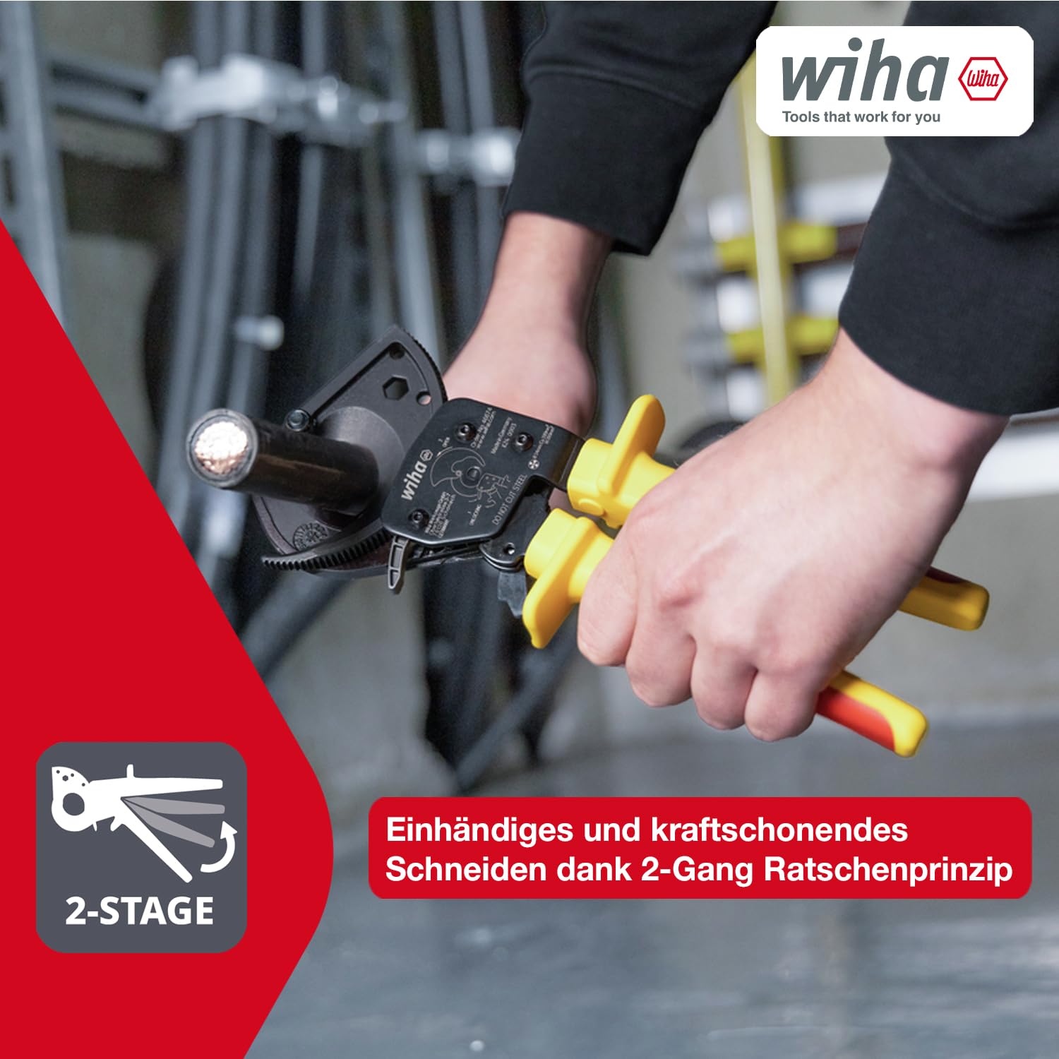 Wiha Kabelschneider bis 300 mm² I Ratschenkabelschneider für Cu- und AI-Kabel I Kabelschere mit Ratschenprinzip I Ratschenschneider für Aluminium- und Kupferkabel