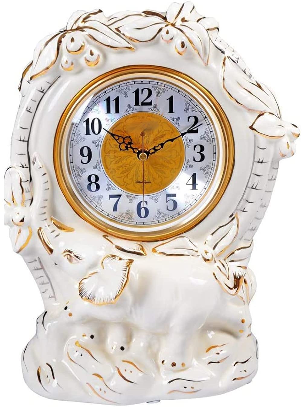 Reloj de mesa de cerámica grande y silencioso blanco y dorado