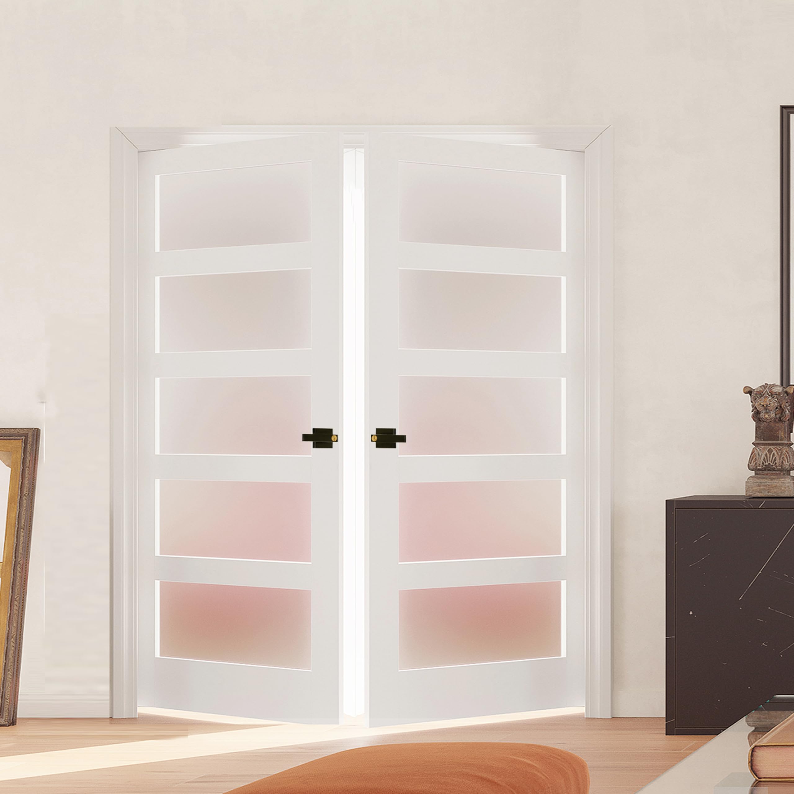 64" x 80" French Doors, 5-Lite Frosted Glass Interior Door with Black Door Levers, Pantry Door Slabs for Bathroom Bedroom Pantry Laundry Closet Door, Assembly Required