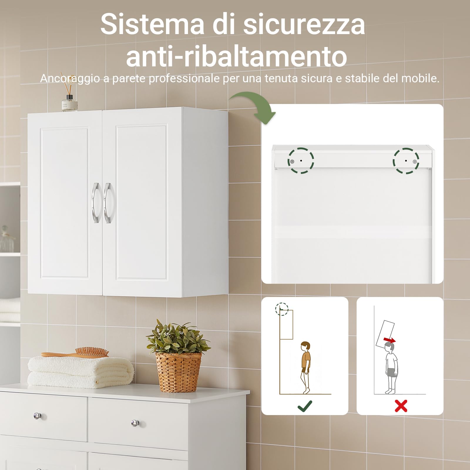 SoBuy Pensile Cucina Sospeso - Mobile Cucina con Ante Bianco Mobile Pensile da Muro Salvaspazio in Legno 60x30x60 cm con Ripiani Regolabili Dispensa Moderna FRG231-W