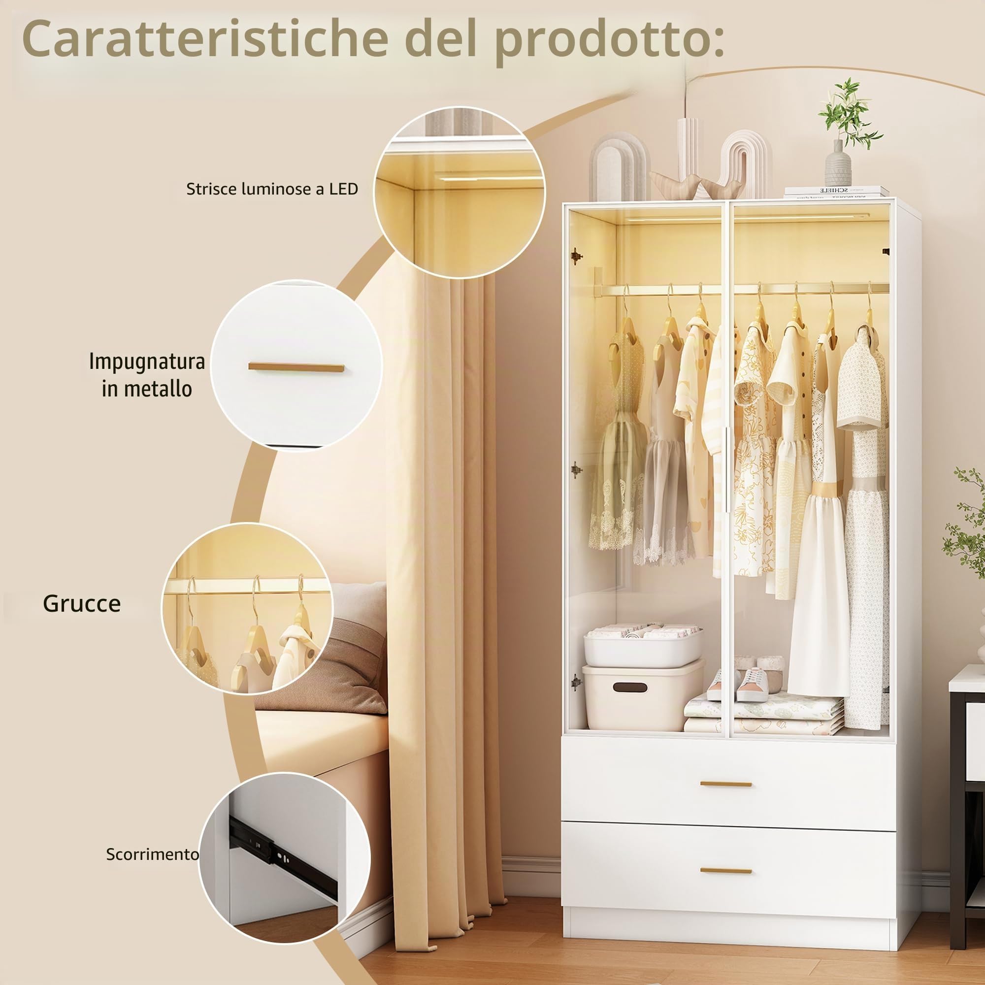 Guardaroba bianco - 80 cm di larghezza - Con appendiabiti e luci LED - Molto spazio di archiviazione - Armadio polivalente a 2 ante con 2 cassetti - Per camera da letto (80 x 50 x 175 cm)