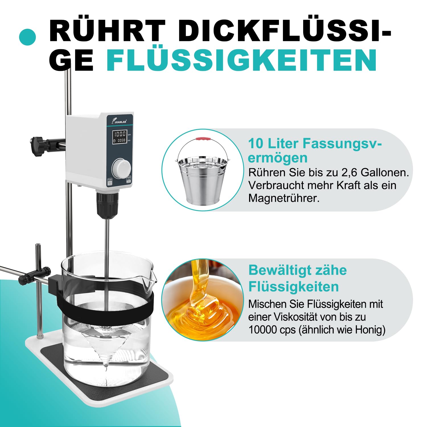 JOANLAB Laborrührwerk Overhead Stirrer, 50W Laborrührer mit Rührblatt & Edelstahl-Ständer, Verstellbare Geschwindigkeit 100-1500 U/min, Timer 1min-24h, für max. 20L & 20000 mPas