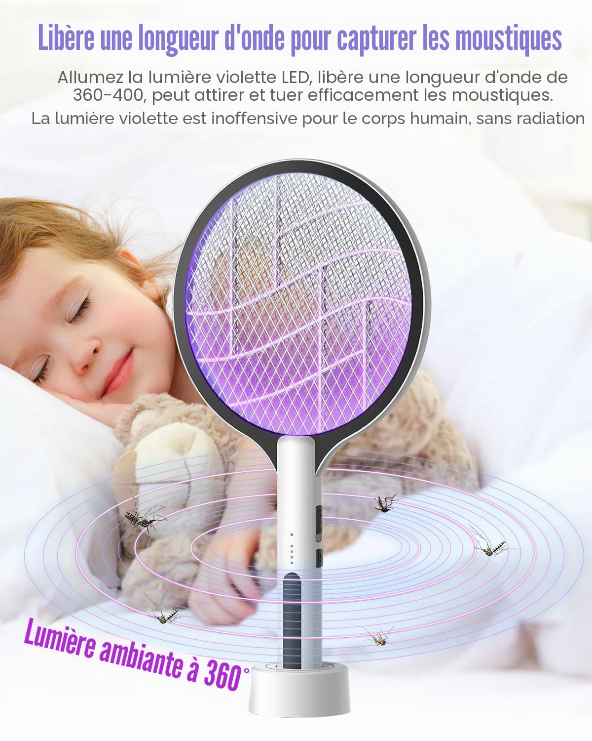 DEEZEE Raquette à mouches électrique 4500V rechargeable 2 en 1 portable tueur de moustiques violet 3 couches de sécurité