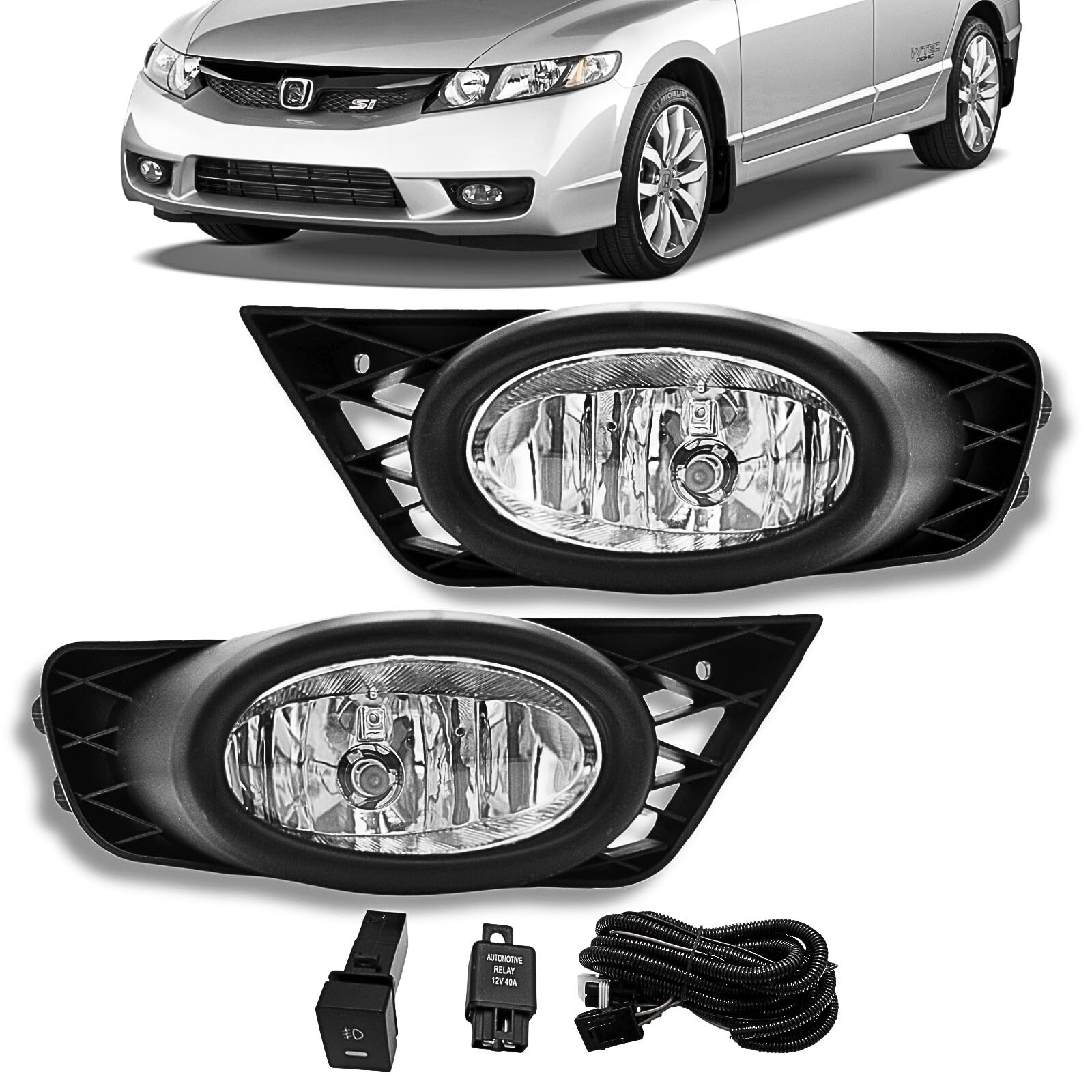 Fog Lights Assembly Replacement for 2009 2010 2011 Honda Civic Sedan, Front Bumper Driving Fog Lamps with Wire Harness