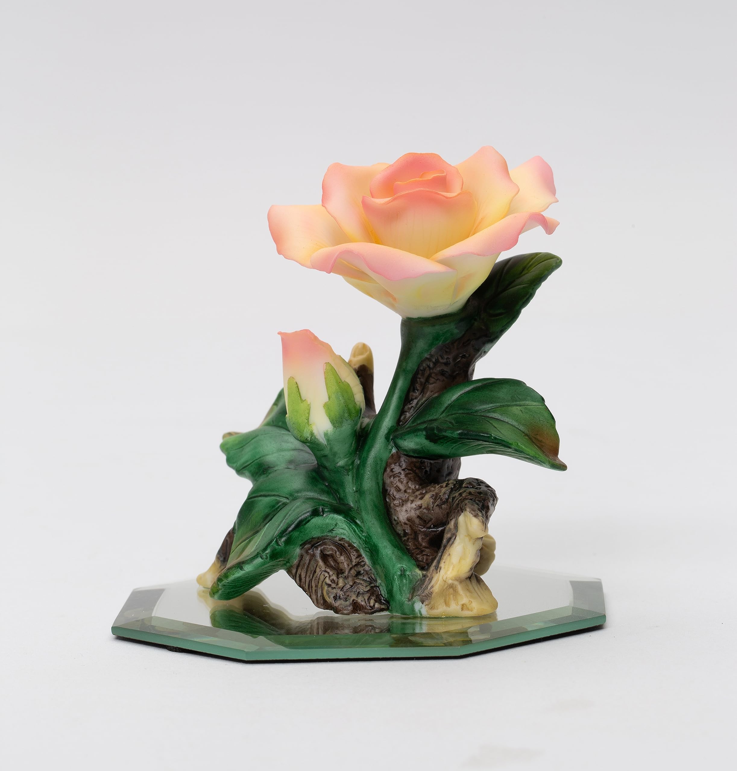 Fine Porcelain Pink Peace Rose Flower on Mirror Base Figurine, 3-3/4 in