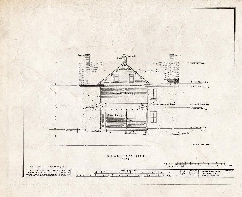 Historic PictoricBlueprint HABS NJ,1-LEEPO,1- (Sheet 7 of 10) - Japhet Leeds House, Moss Mill Road, Leeds Point, Atlantic County, NJ 20in x 16in