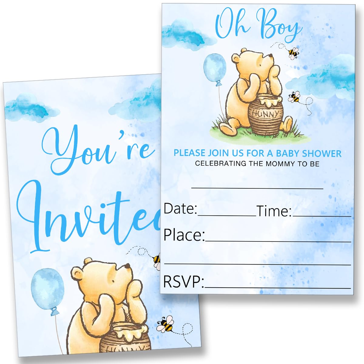 YLKJSTYS Winnie the Pooh Baby Shower Invitations, Blue Party Invitations for Boys, (20 Cards with Envelopes) Double Sided Design