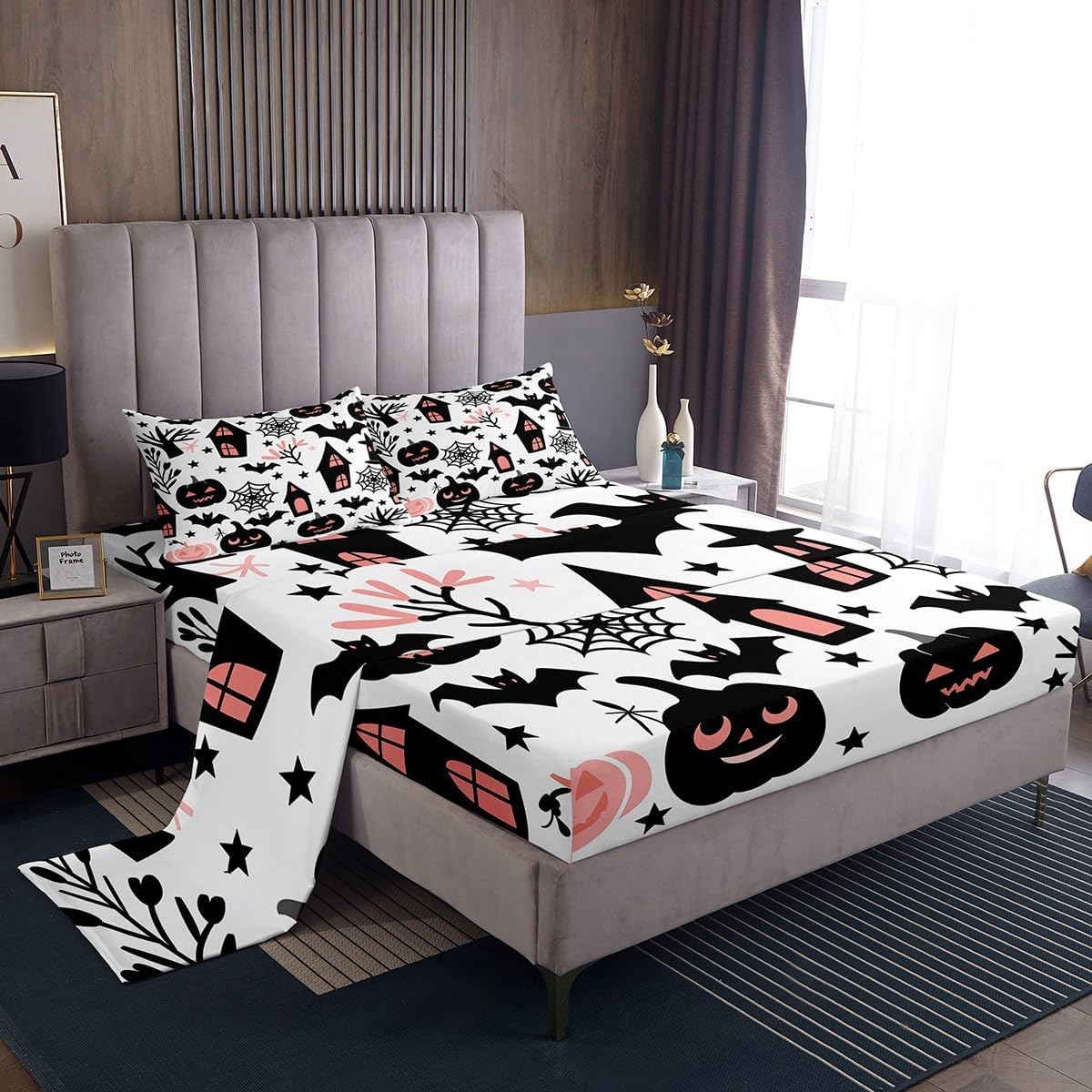 jejeloiu Happy Halloween Bed Sheets Set Twin Size Horror Theme Bed Set for Kids Boys Girls Pumpkin Deep Pocket Fitted Sheet Black Breathable Soft Lightweight Microfiber