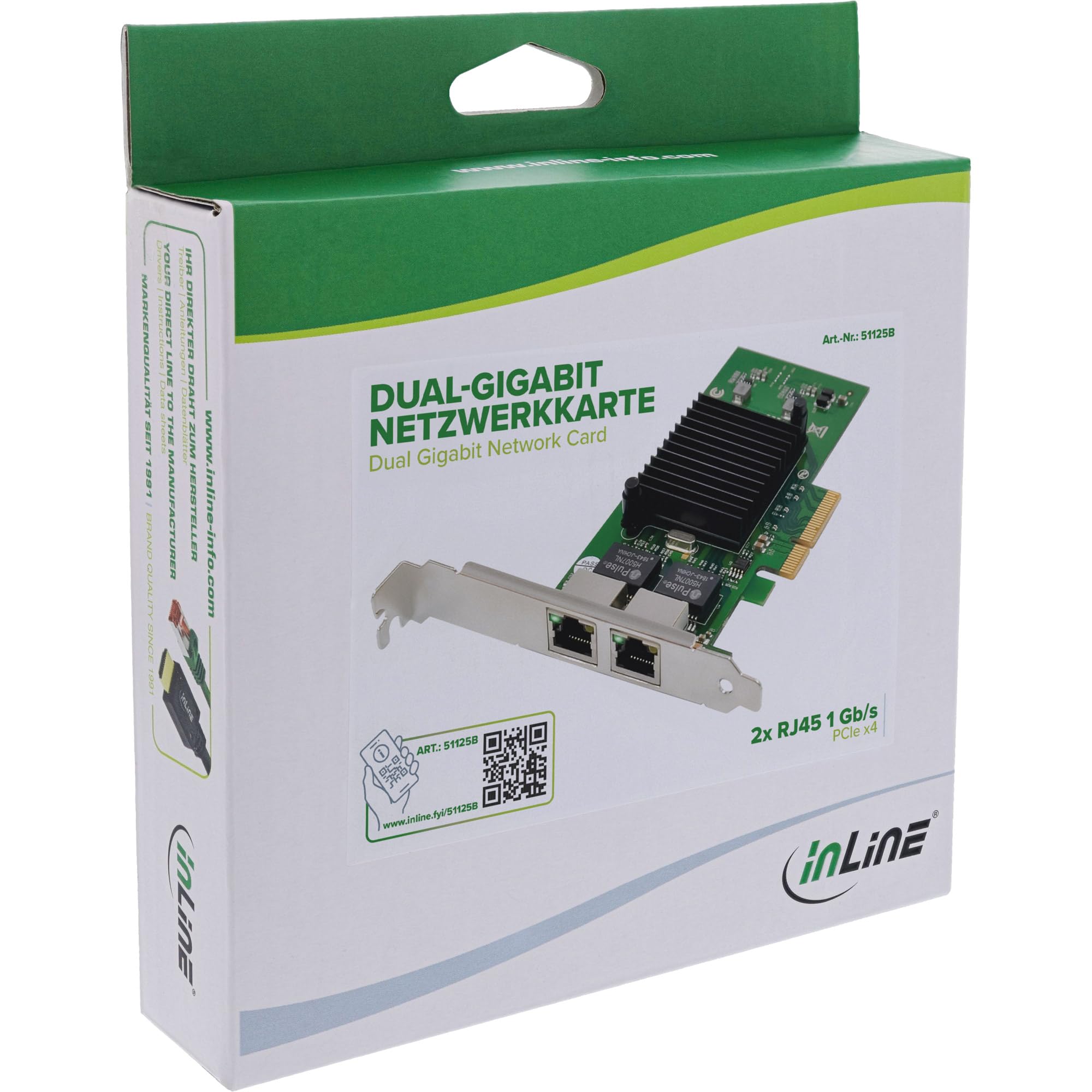 Inline Dual-Gigabit 51125B - Scheda di rete PCIe x4, Intel 82576EB, 2 x RJ45 1 Gb/s, VLAN, Jumbo Frames, slot low Profile