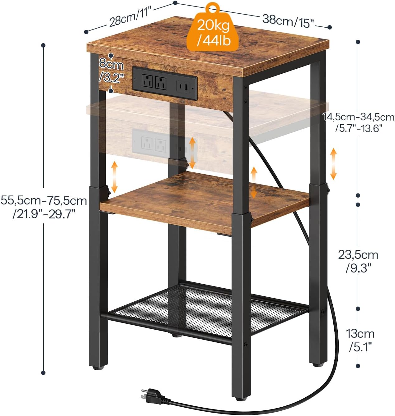 HOOBRO End Table with Charging Station, Adjustable Height Small Side Table