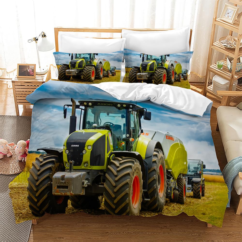 Set di biancheria da letto 3D con trattore 135 x 200 cm, copripiumino con motivo trattore per bambini ragazzi, morbido e comodo in microfibra, set da 3 pezzi con chiusura a zip
