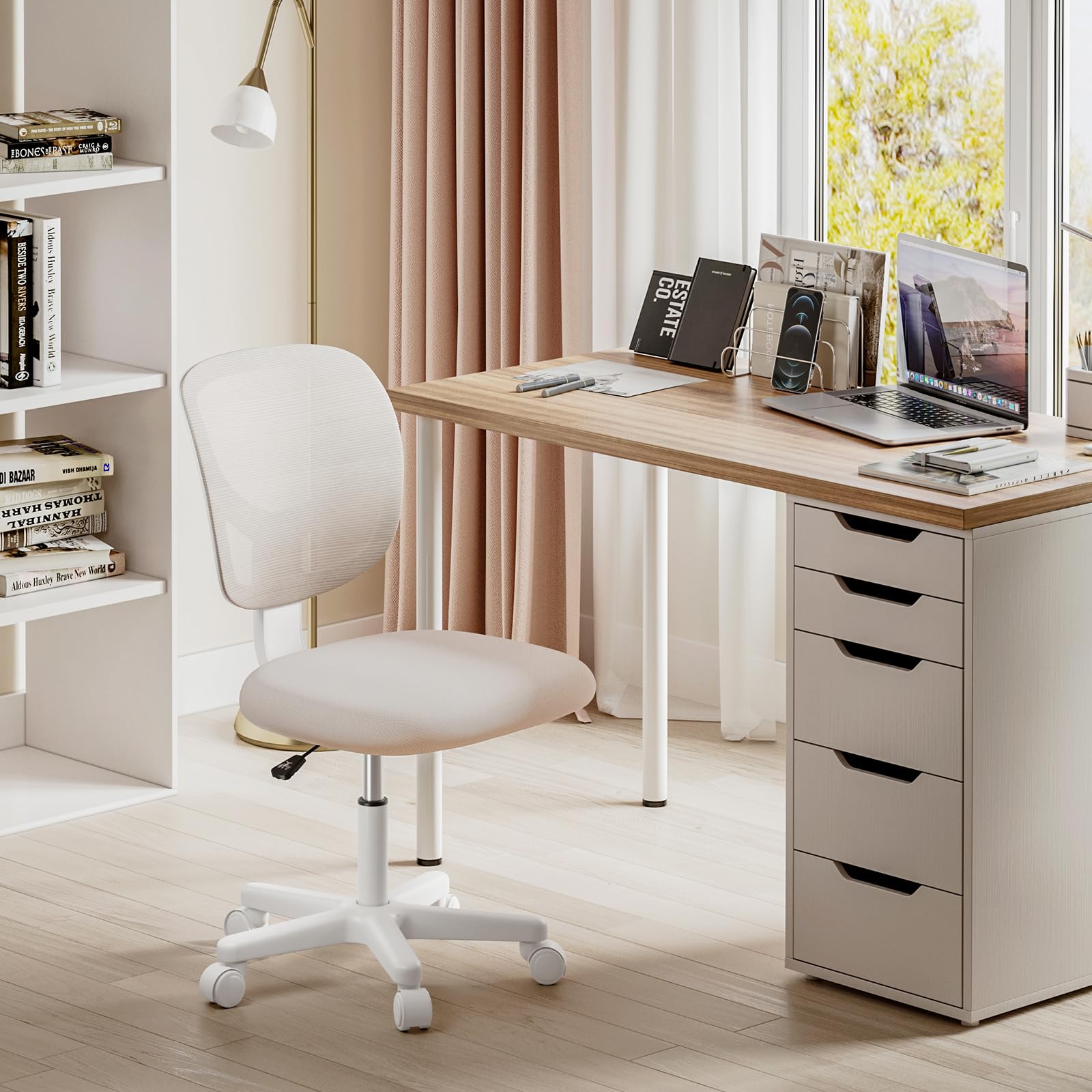 BELIWIN Armless Office Chair, Swivel Desk Chair for Home Office, Ergonomic Executive Lumbar Support Computer Mesh Chair, Beige