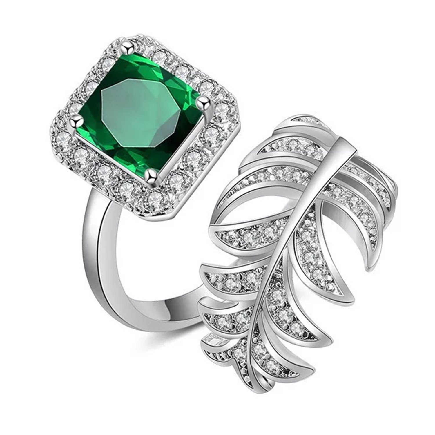 Party Ring Peacock Feather Adjustable Women's Elegant Cubic Zirconia Silver-Tone Emerald Color