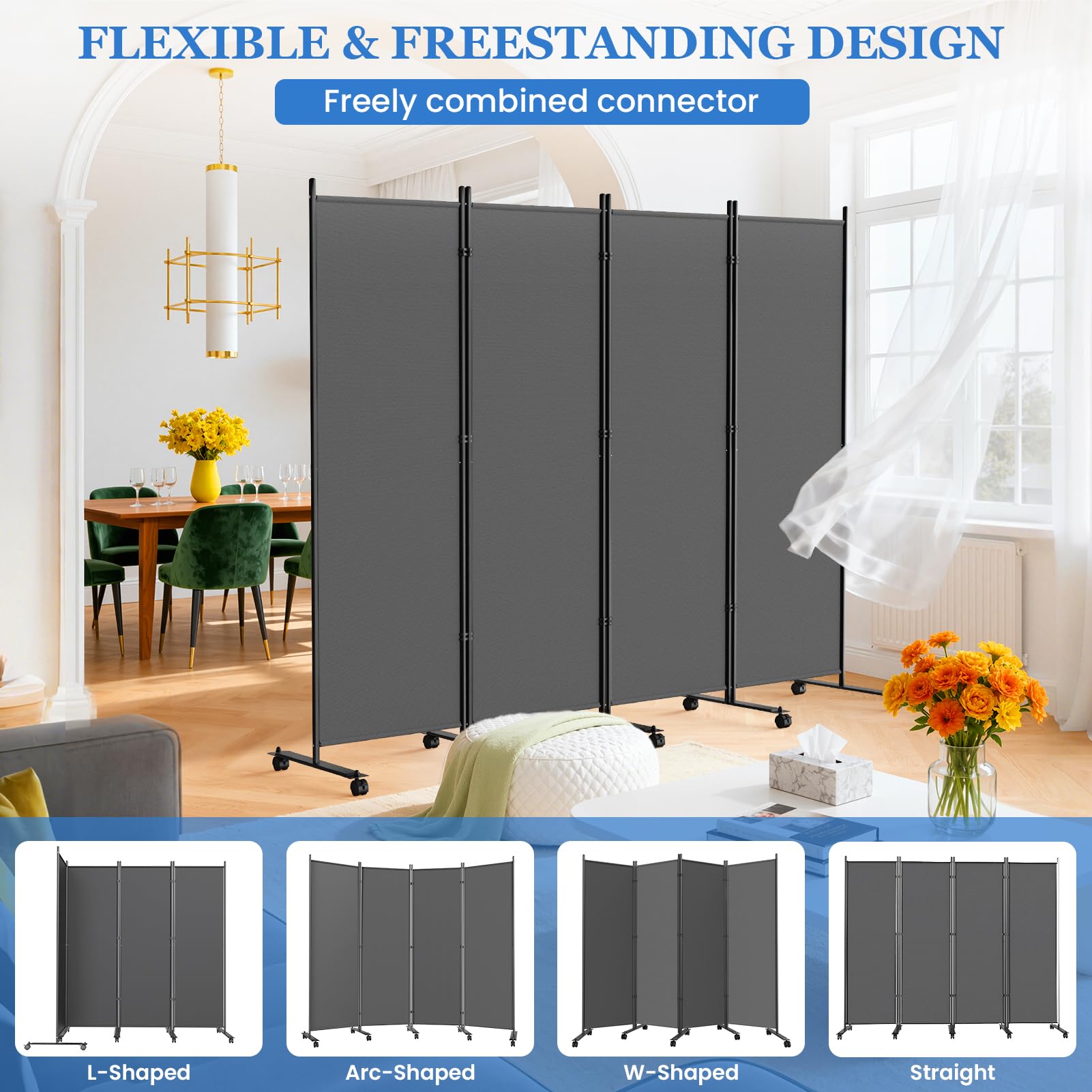 WELDUN Paravent de pièce à roulettes - 6 pièces - 335 x 183 cm - Pliable - Gris