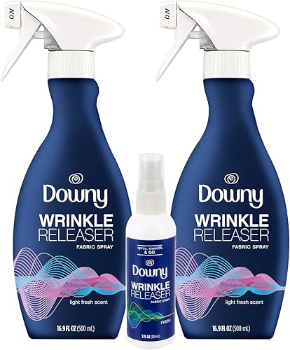 Downy Spray liberador de arrugas, spray de tamaño de viaje + paquete de 2 de 16.9 onzas líquidas, fórmula todo en uno, elimina arrugas, estática y