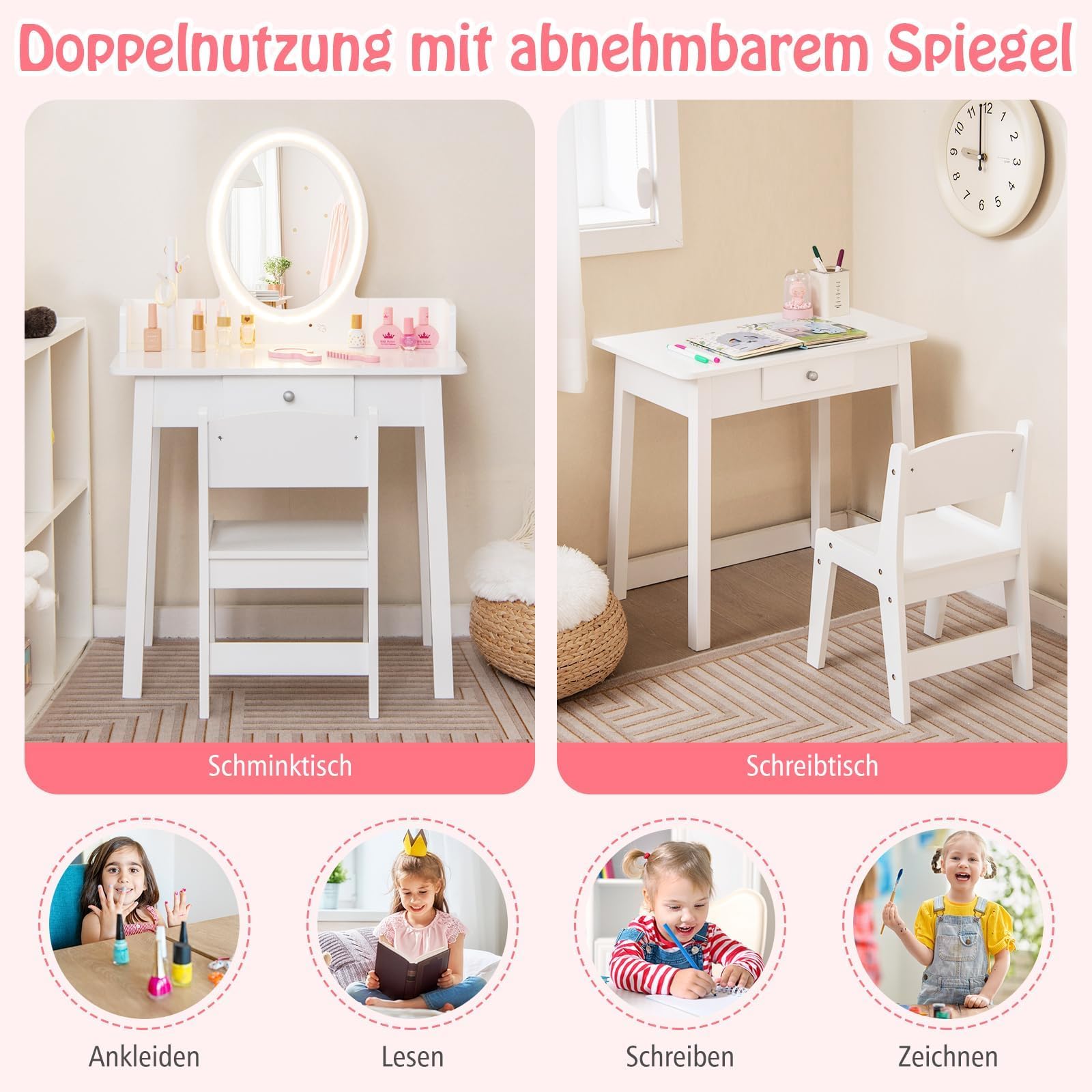 COSTWAY 2 in 1 Kinder Schminktisch mit Hocker, Frisiertisch mit Beleuchtung, Schminkkommode aus Holz mit Schublade & Schmuck-Organizer, Kosmetiktisch Prinzessin für Mädchen ab 3 Jahren (Weiß)