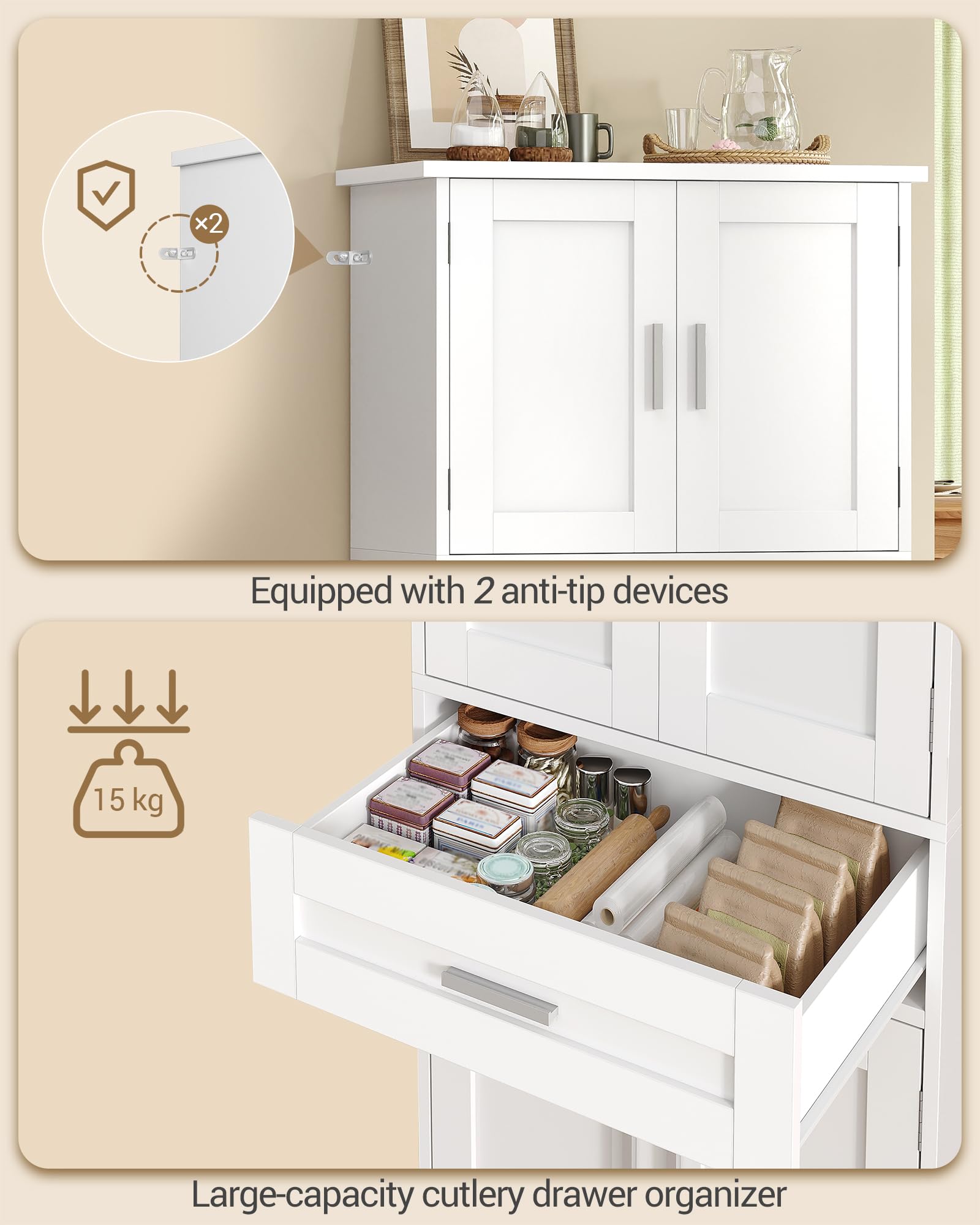 Hzuaneri Alacena de Cocina, 120 cm Aparador Comedor, 4 Puertas, 1 Cajón Grande, Estante de Almacenamiento Detrás de La Puerta, Armarios Altos de Cocina, Moderno, 40 x 60 x 120 cm, Blanco PT20003X