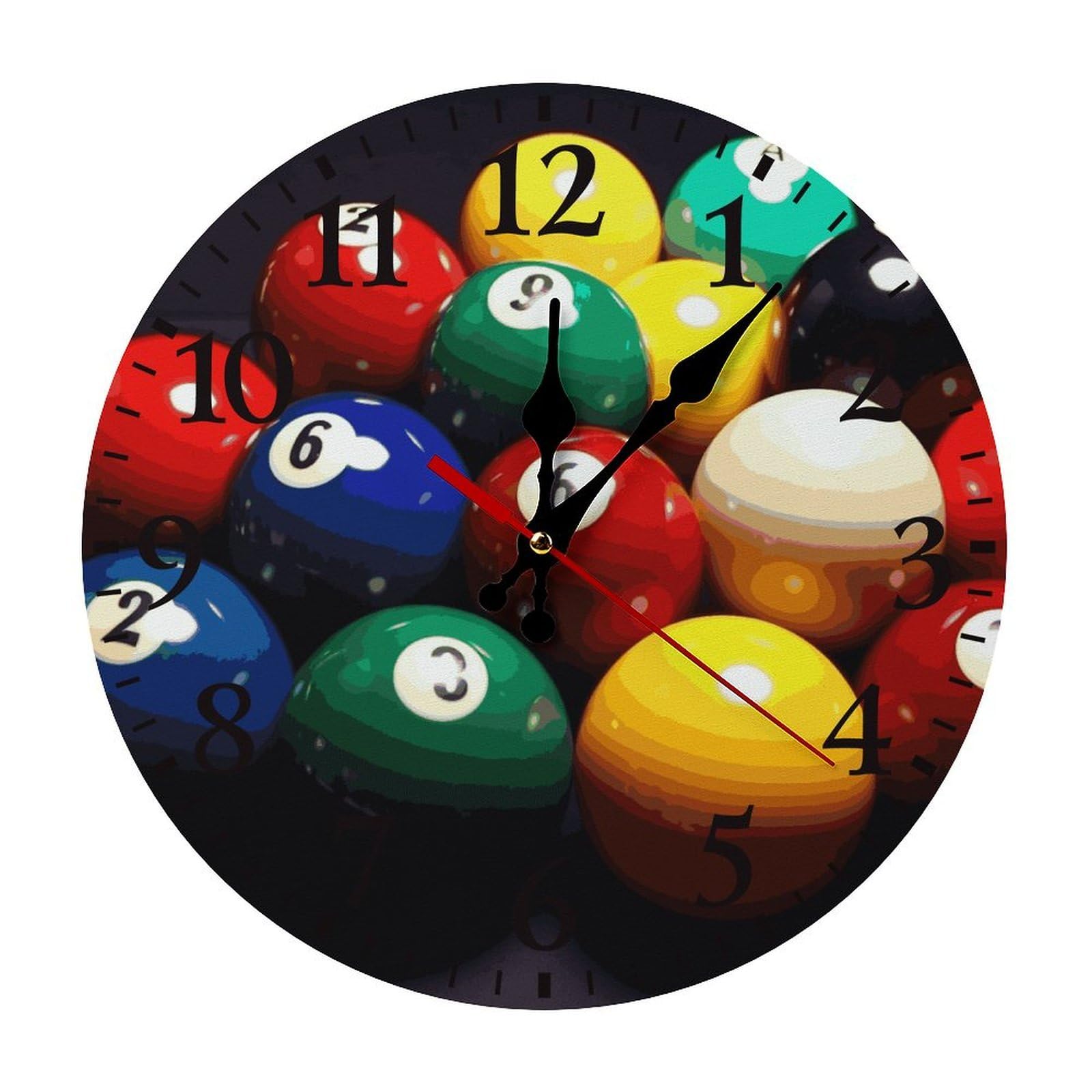 Horloge murale de billard noire 30x30 cm ronde et silencieuse à piles