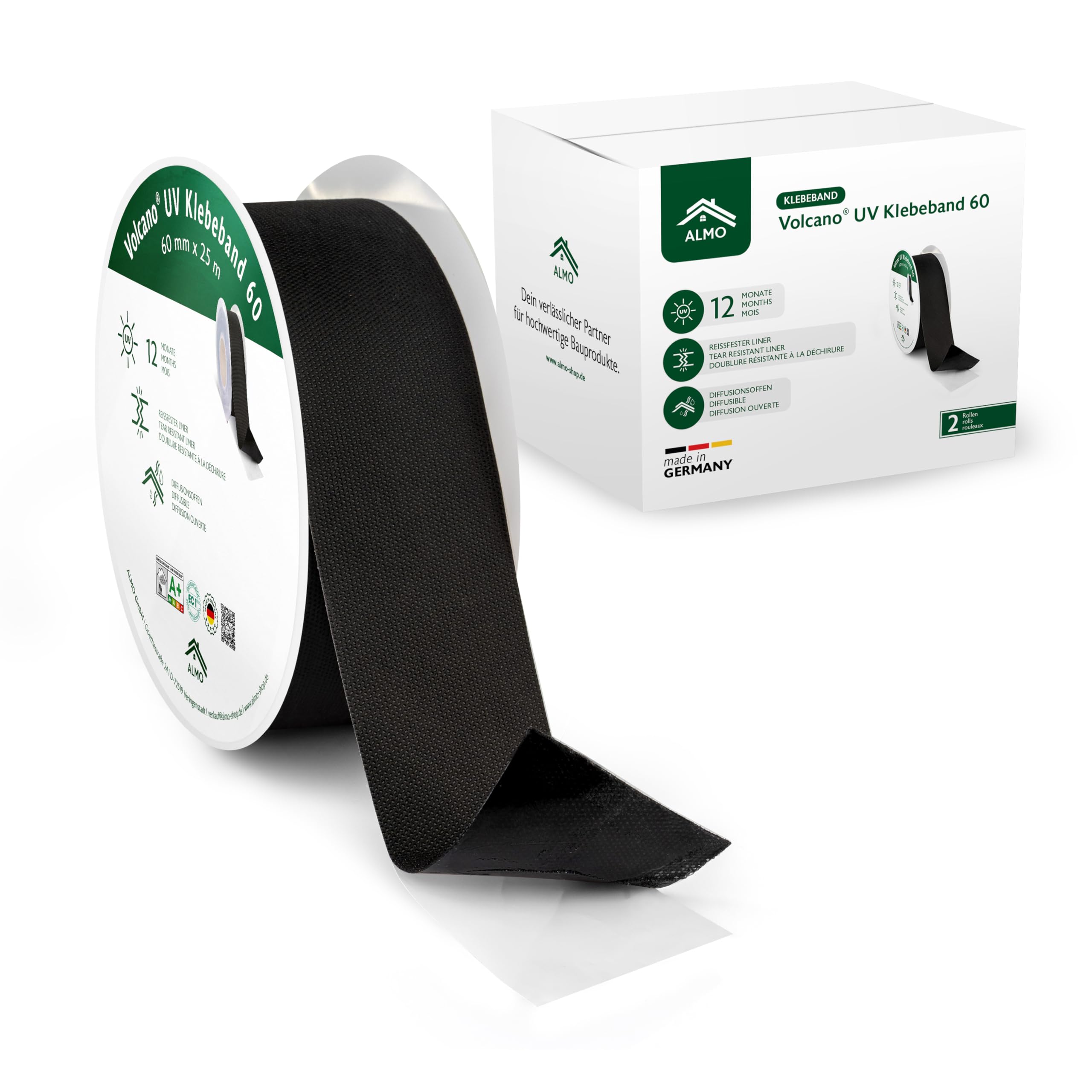 ALMO Bande adhésif pour écran de façade, paquet de 2 - résistant aux UV 60mm x 25m ruban adhésif ouvert à la diffusion pour lé de sous-toiture et lé de façade, film de liner résistant à la déchirure
