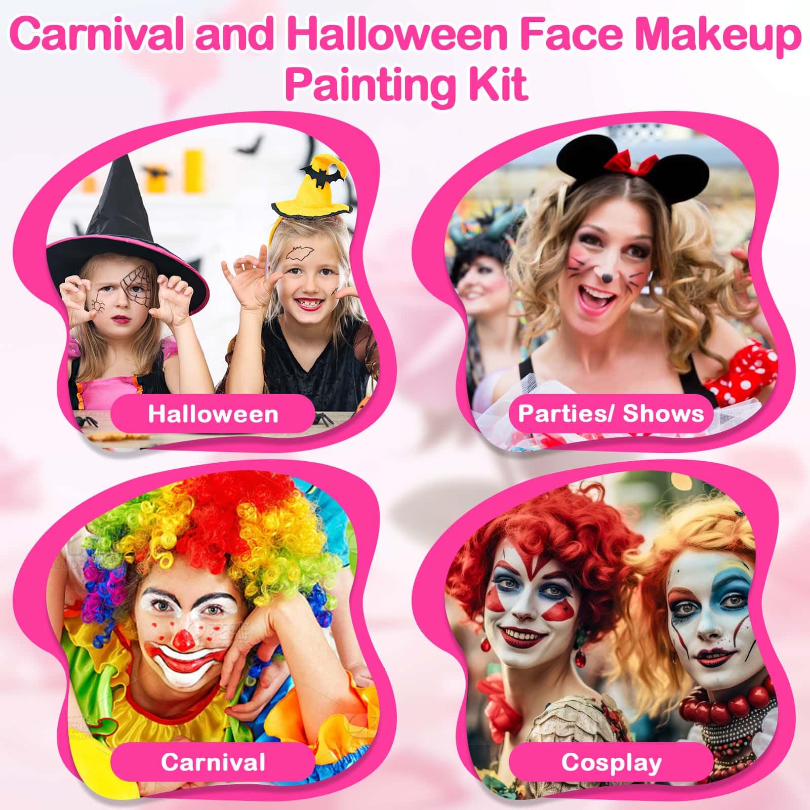 Kit profesional de pintura facial para niños y adultos, kit de maquillaje de cosplay activado por agua de 54 colores, pintura corporal no tóxica con plantillas, gemas, pinceles, para Halloween 7