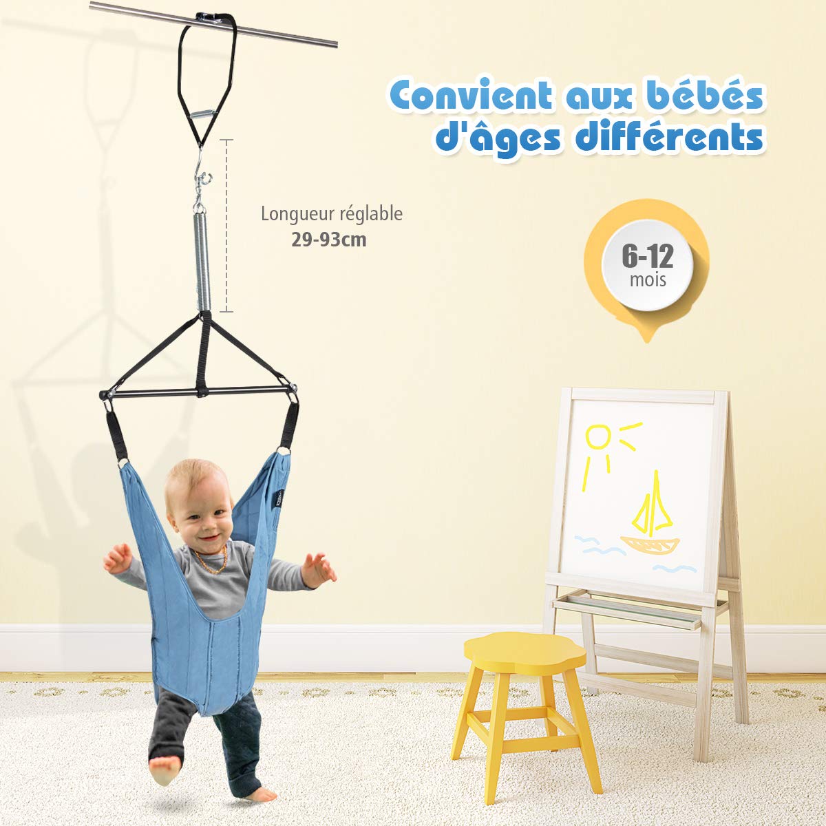 COSTWAY Siège Sauteur Suspendu Bébés de 6-12Mois avec Chaîne Réglable 29-93CM, Siège en Tissu TC avec Tube en Fer Charge Max. 12KG Bleu