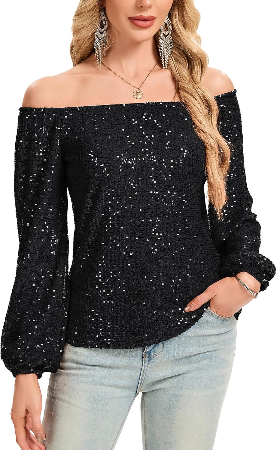 Women's Off The Shoulder Sequin Tops Long Sleeve Glitter Sparkly Dressy Blouses Club Party Top - Image 2