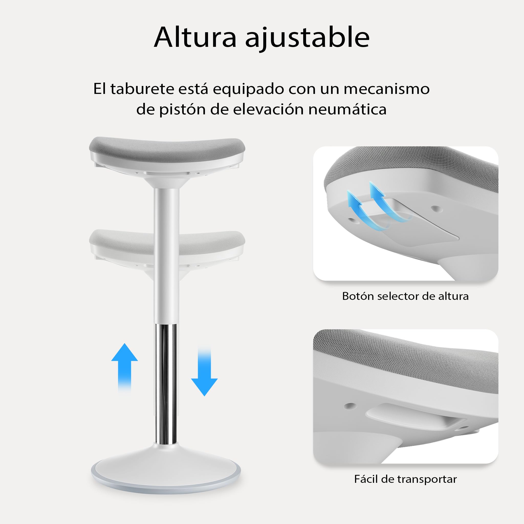 WilTec Taburete de pie y Sentado Regulable en Altura 55-82 cm, banqueta de Trabajo Gris con Base Curvada hasta 135 kg, Silla ergonómica de Oficina